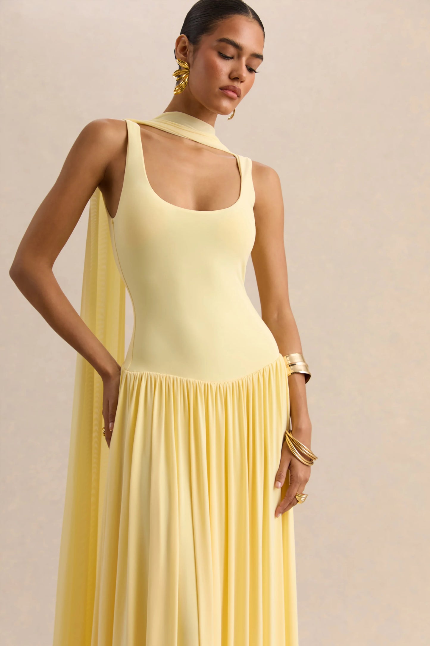 Aurina Lemon Square-Neck Maxi Dress With Scarf-Detail