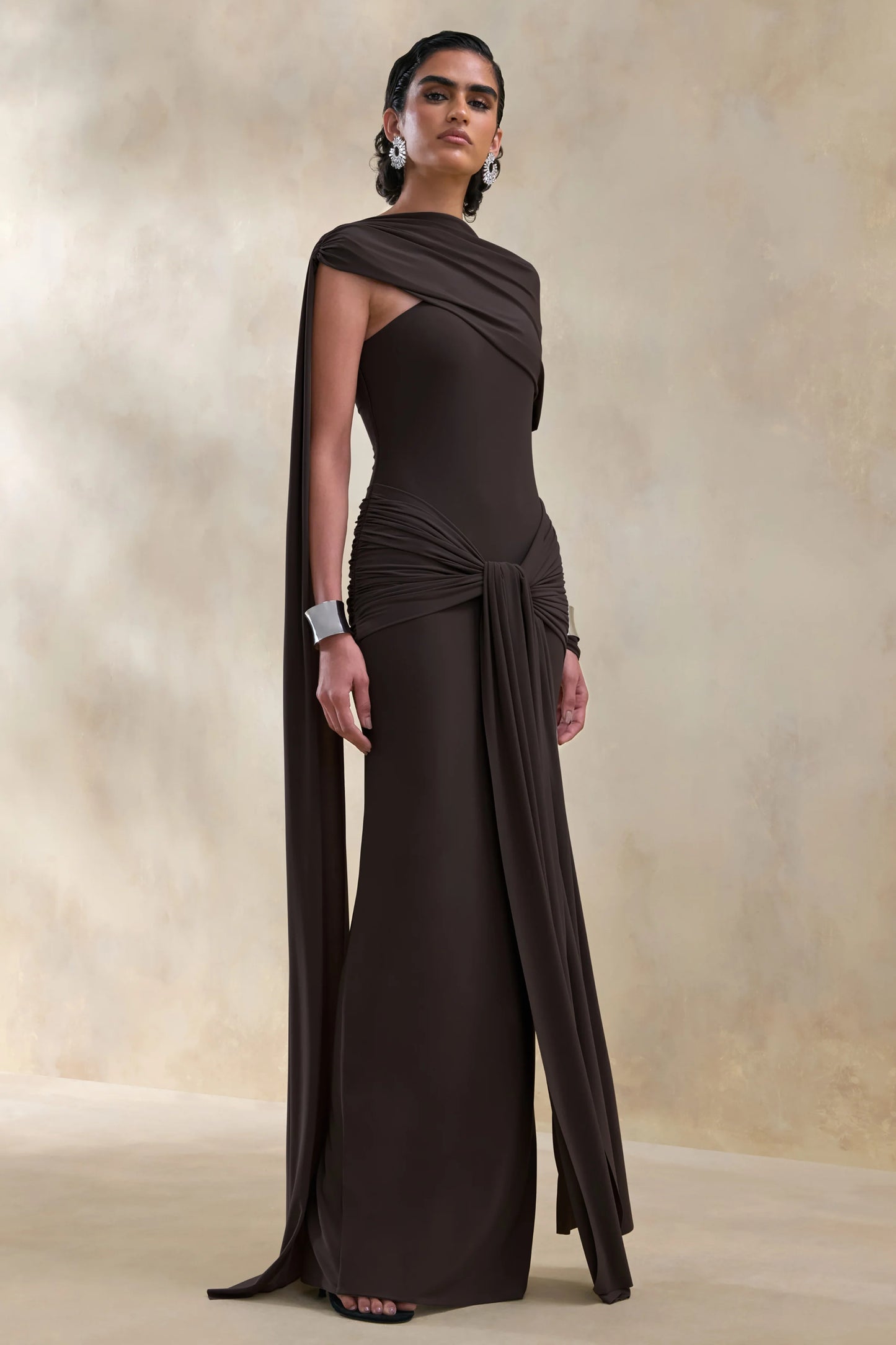 Trisara Brown Asymmetric-Neck Maxi Dress With Gathered-Detailing And Sash