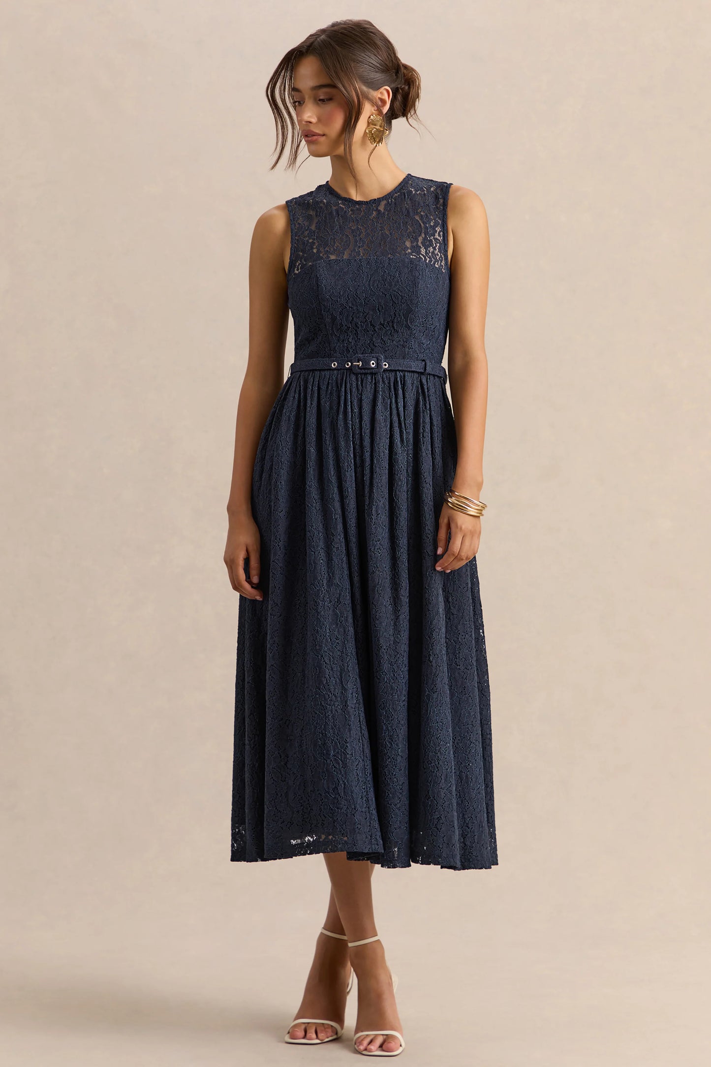 Anabella Navy Lace Crew-Neck Belted Midi-Dress