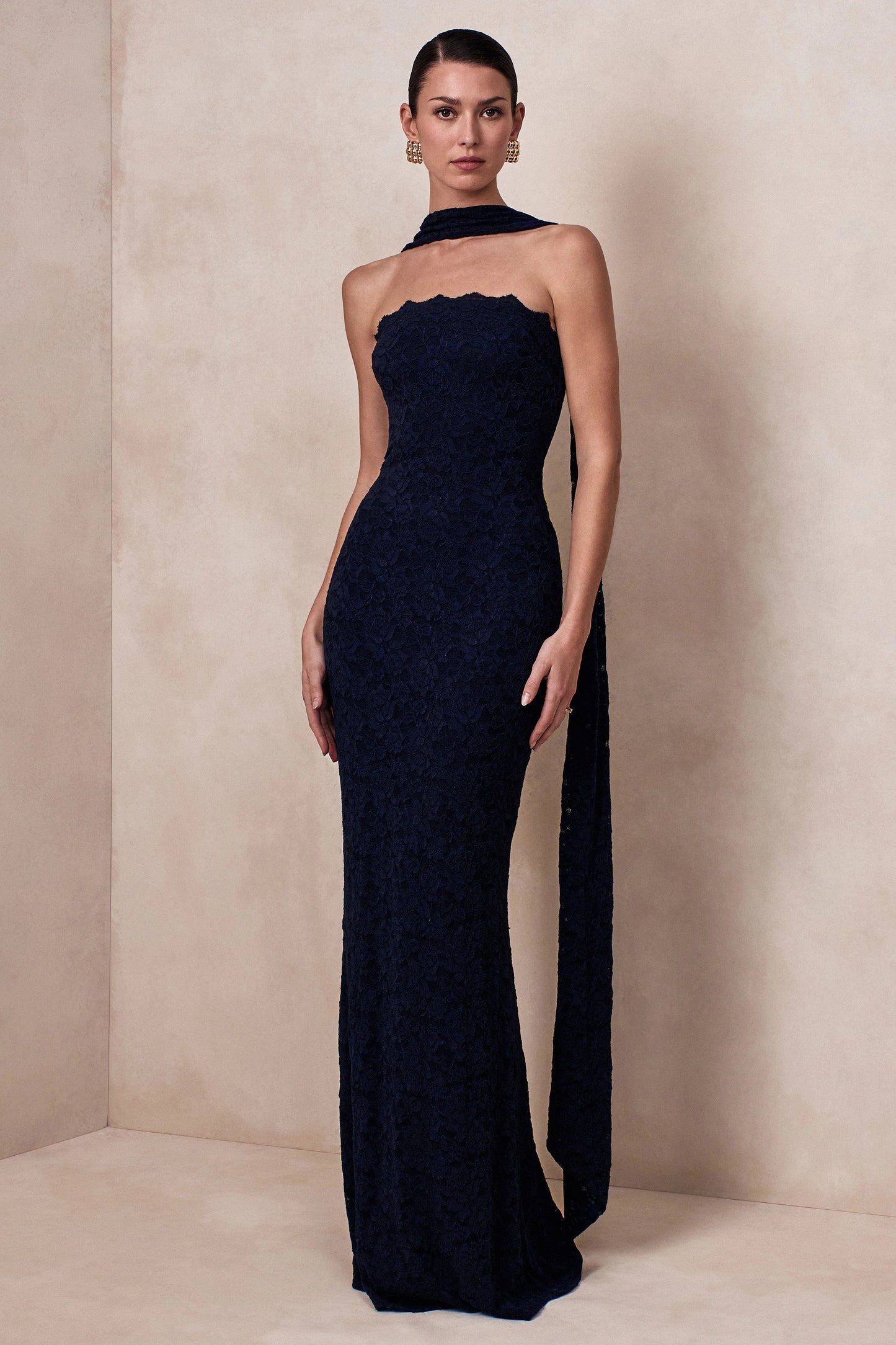 Massima Navy Lace Bandeau Maxi Dress With Scarf-Detail