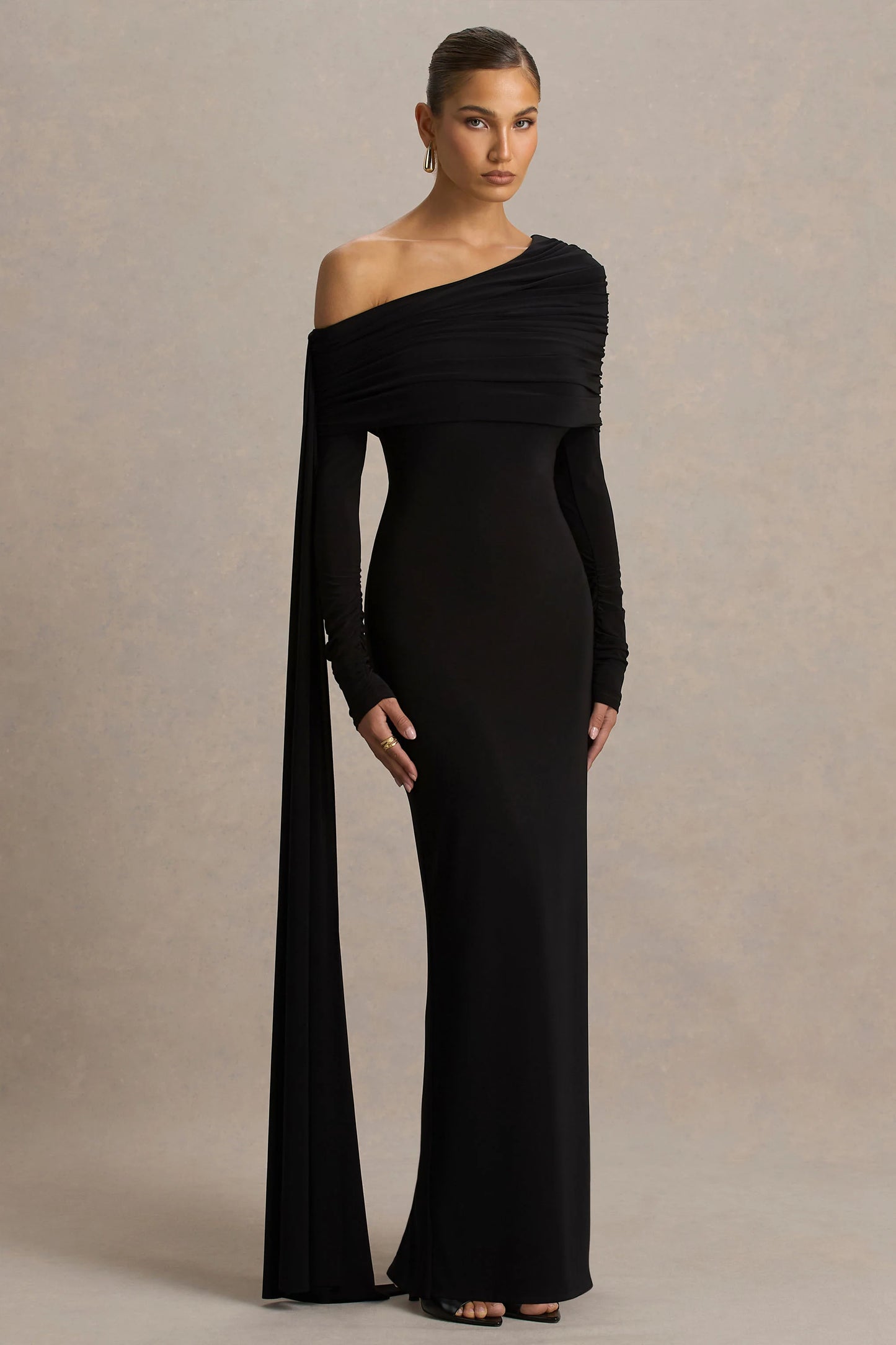 Octavia Black Bardot-Neck Maxi Dress With Cape And Ruched Detailing
