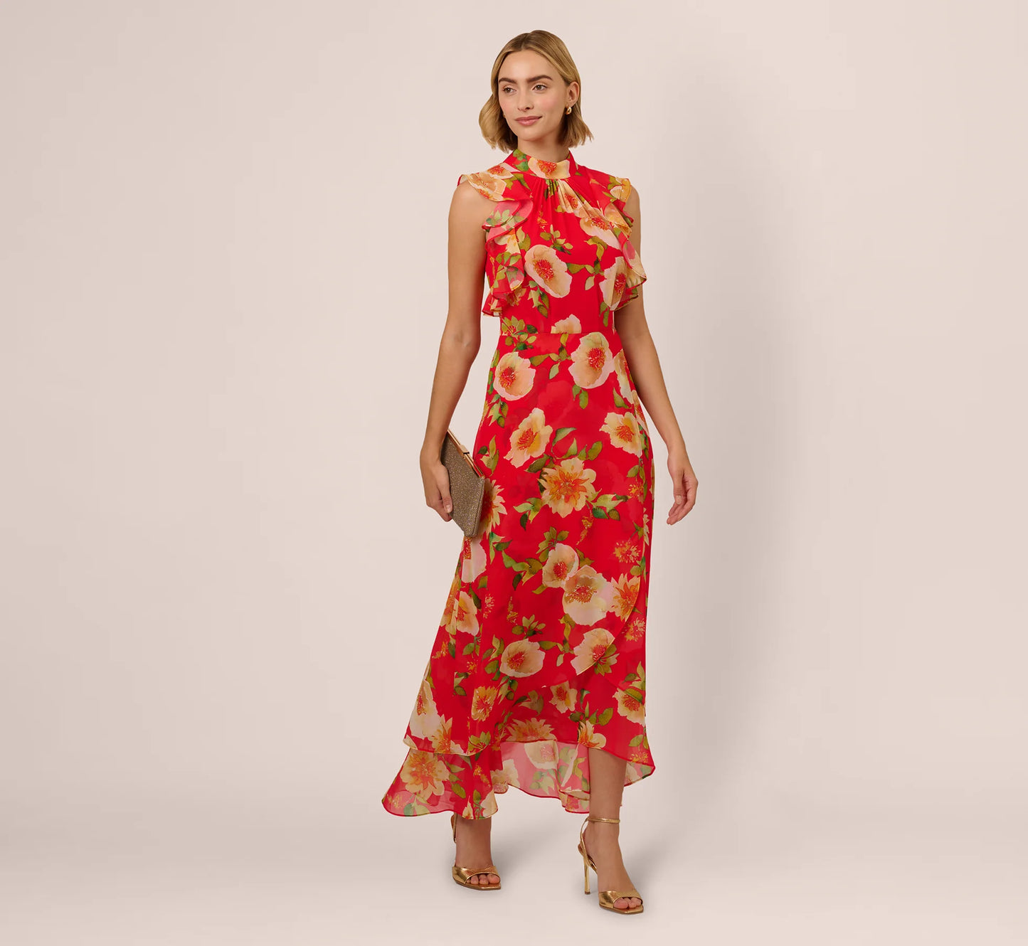 Printed Chiffon Mock Neck Ankle Dress In Coral Multi