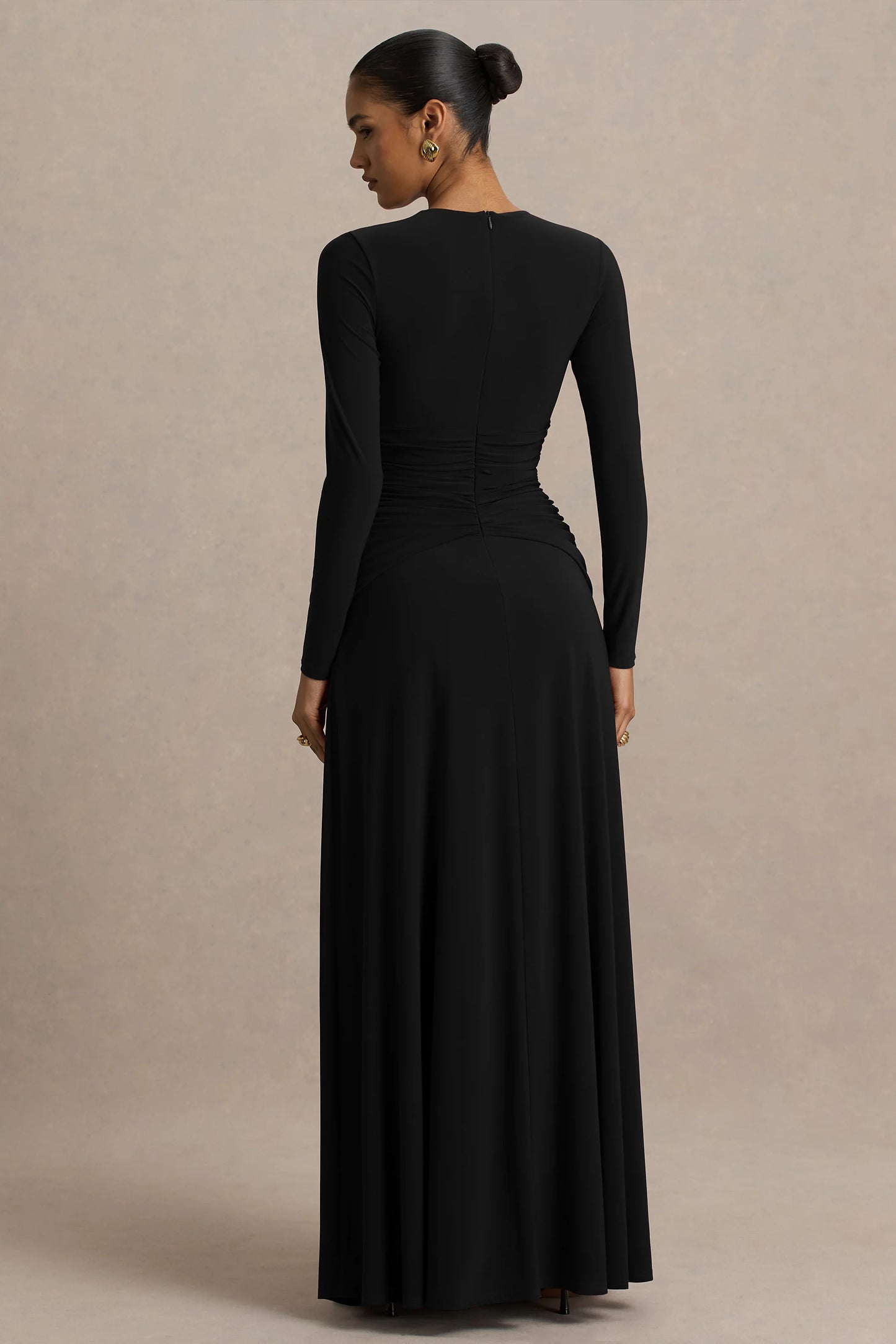 Estrella Black High-Neck Maxi Dress With Ruched Detailing