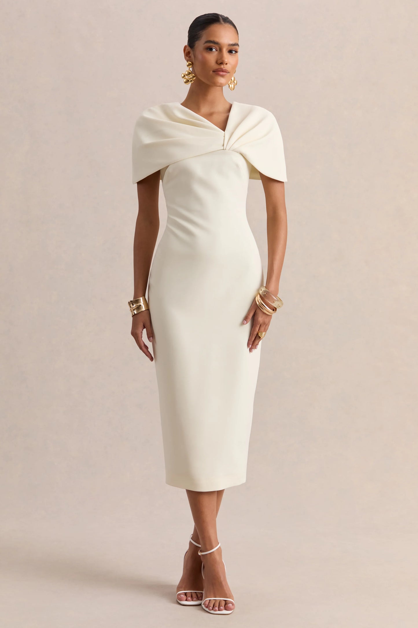 Novalie Cream V-Neck Midi Dress With Twist-Detail