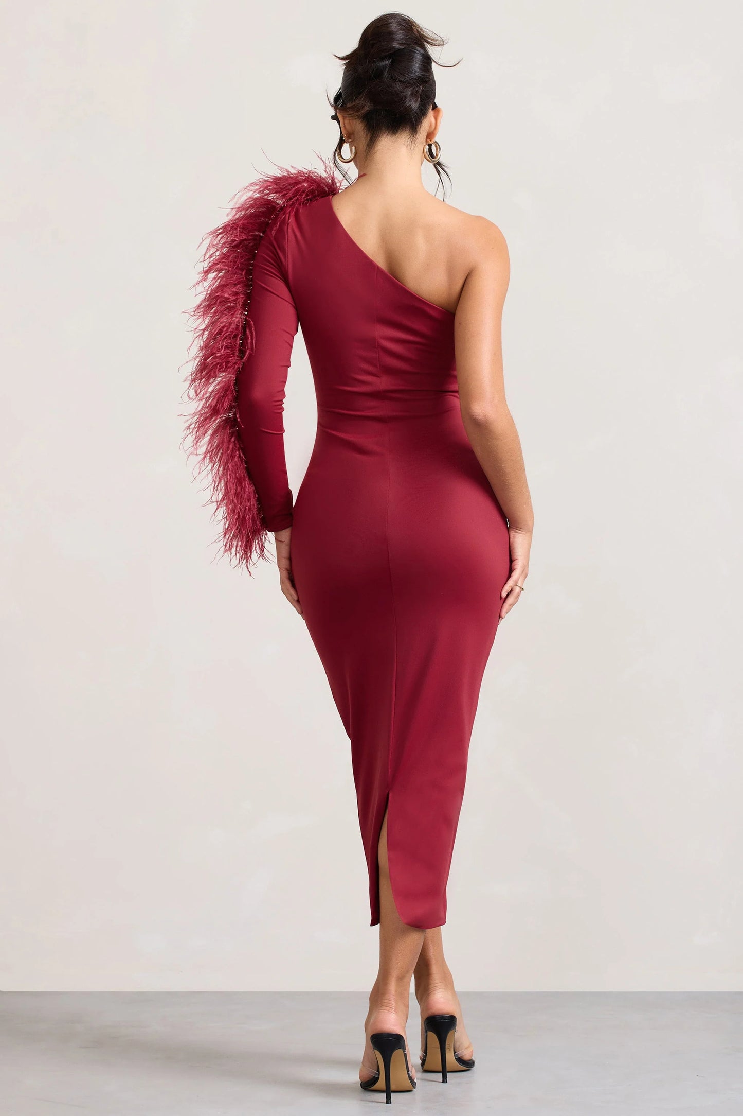 Wild One Burgundy One-Shoulder Bodycon Midi Dress With Feather-Trimmed Sleeve