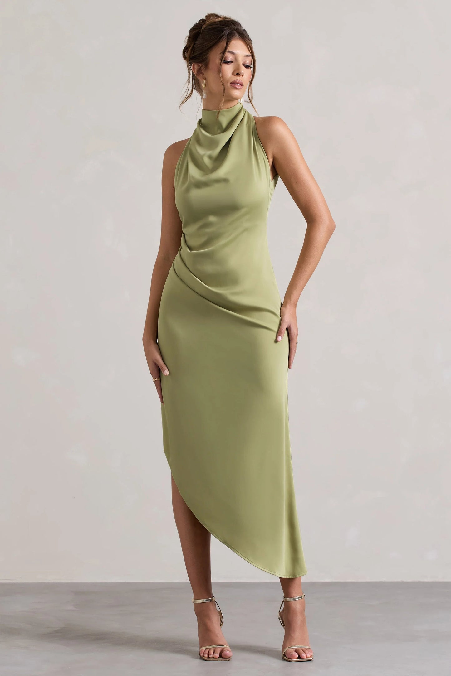 Sophina Light Olive Satin Cowl-Neck Asymmetric Midi Dress