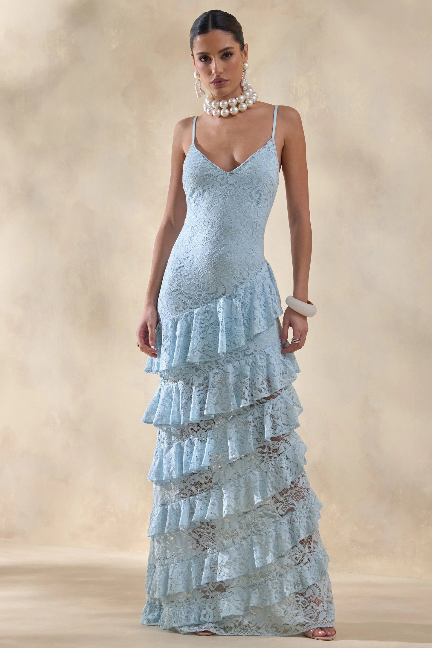 Avelisse Blue Lace Plunge-Neck Maxi Dress With Ruffled Detailing