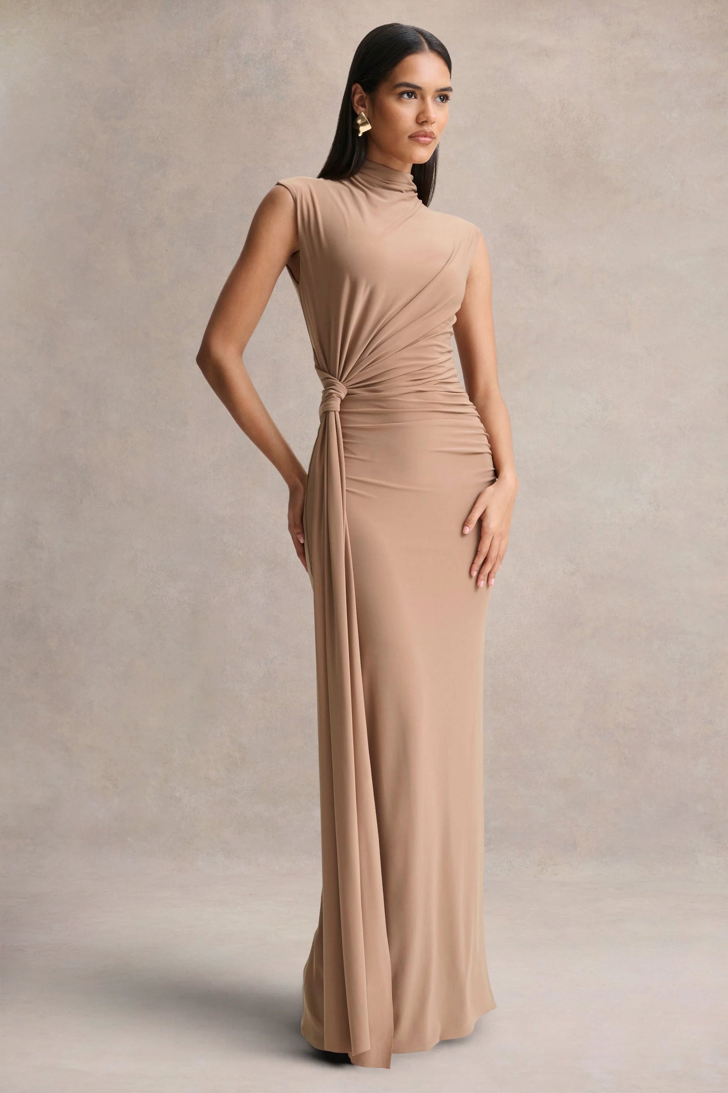 Solene Brown High-Neck Maxi Dress With Wrap And Drape Detail