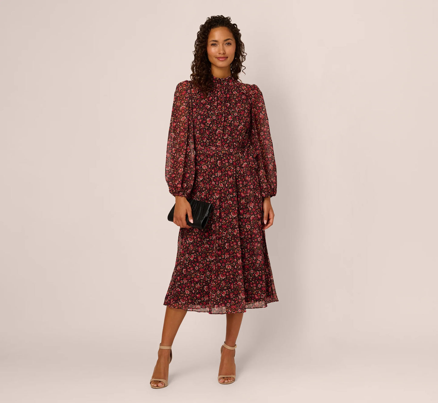 Long Sleeve Ditsy Floral Chiffon Midi Dress In Black Multi