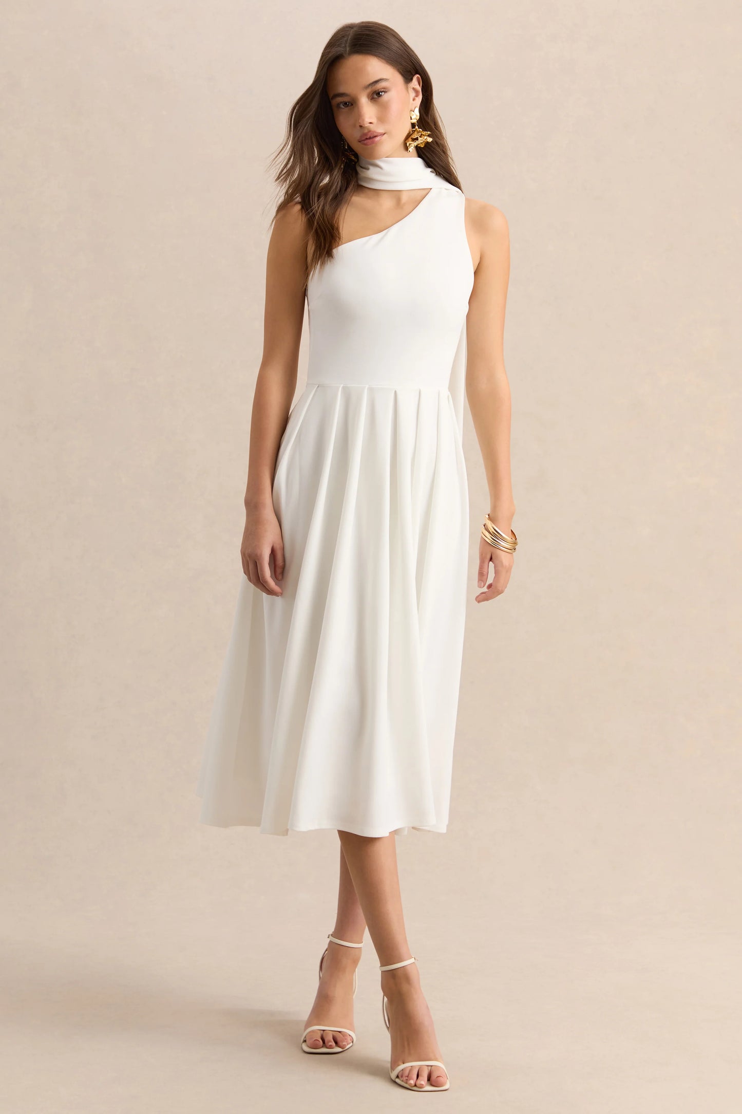 Odette White Asymmetric-Neck Midi Dress With Scarf