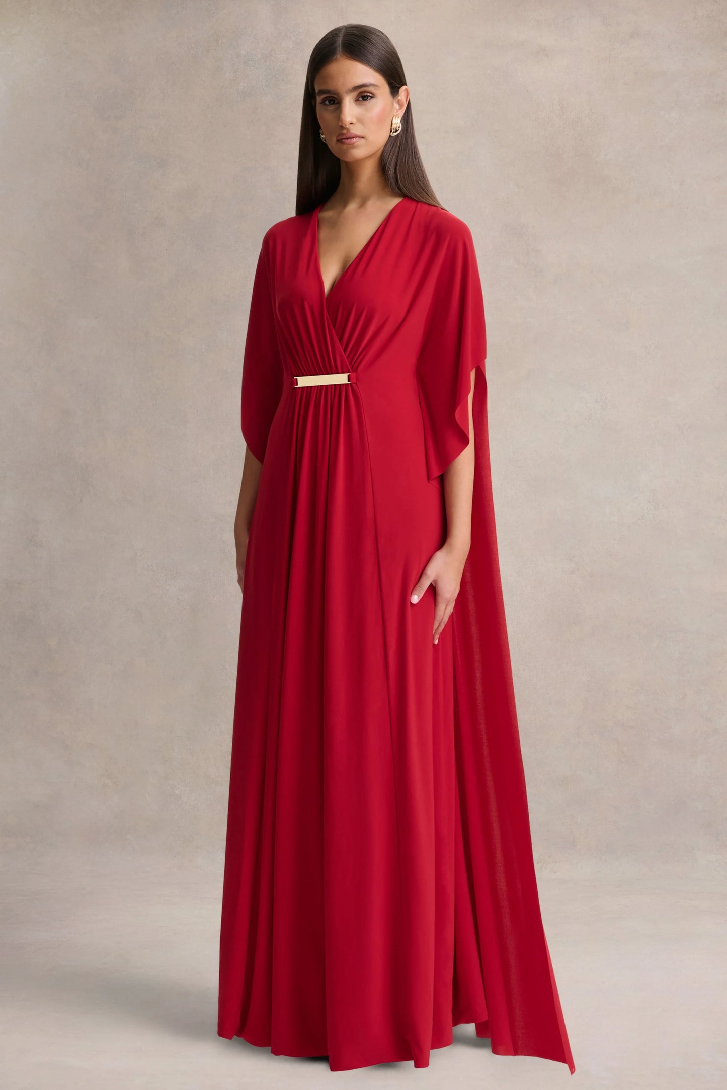 Romilly Red Plunge-Neck Maxi Dress With Gathered Detail