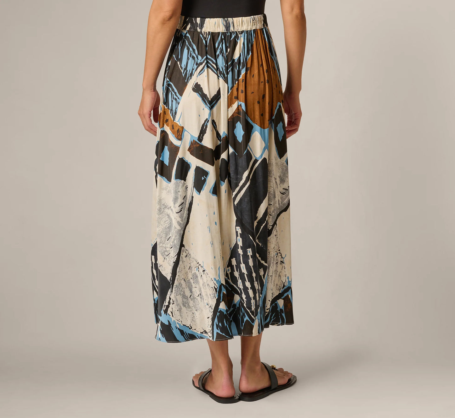 Printed Side Slit A Line Midi Skirt In Blue Diamond Tiki