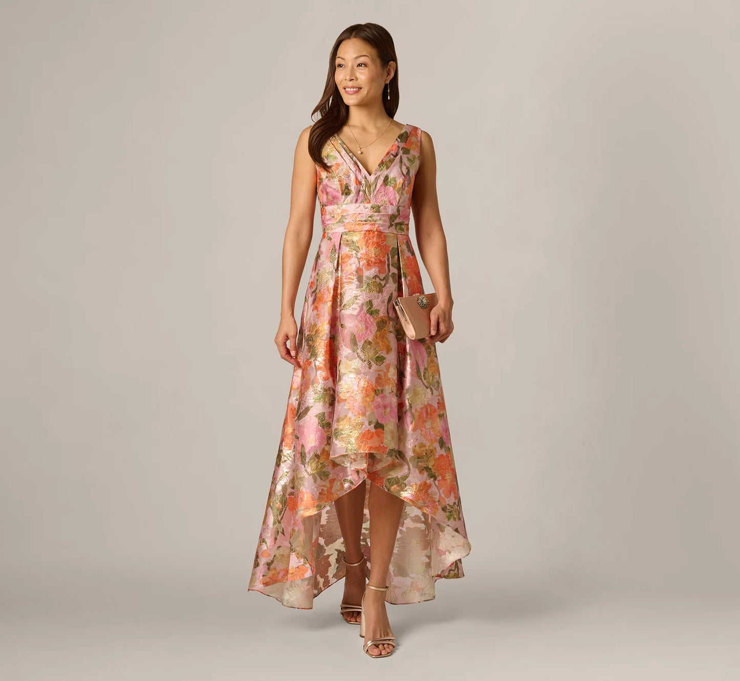 Metallic Floral Jacquard High Low Gown In Yellow Orange Multi