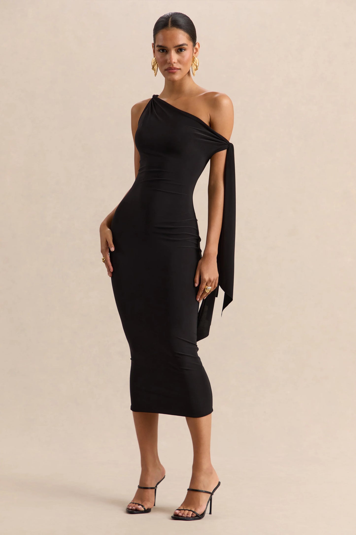Arcelia Black Asymmetric-Neck Midi Dress With Knot-Sleeve Detail
