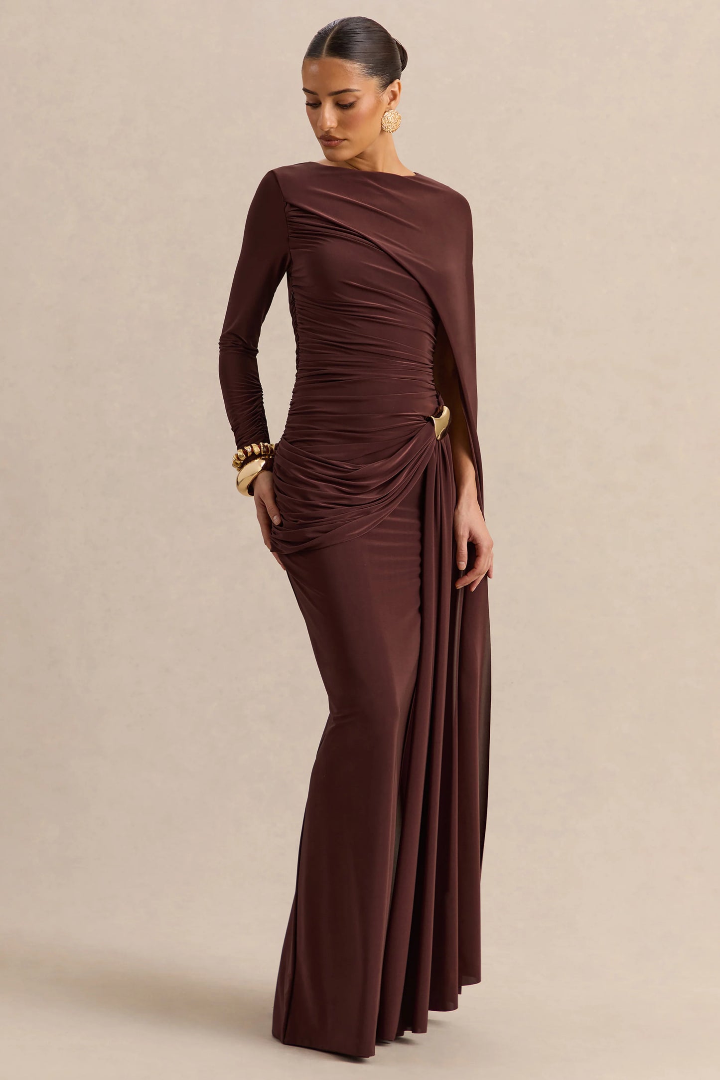 Orintha Brown Slashed-Neck Maxi Dress With Cape And Gold-Detail