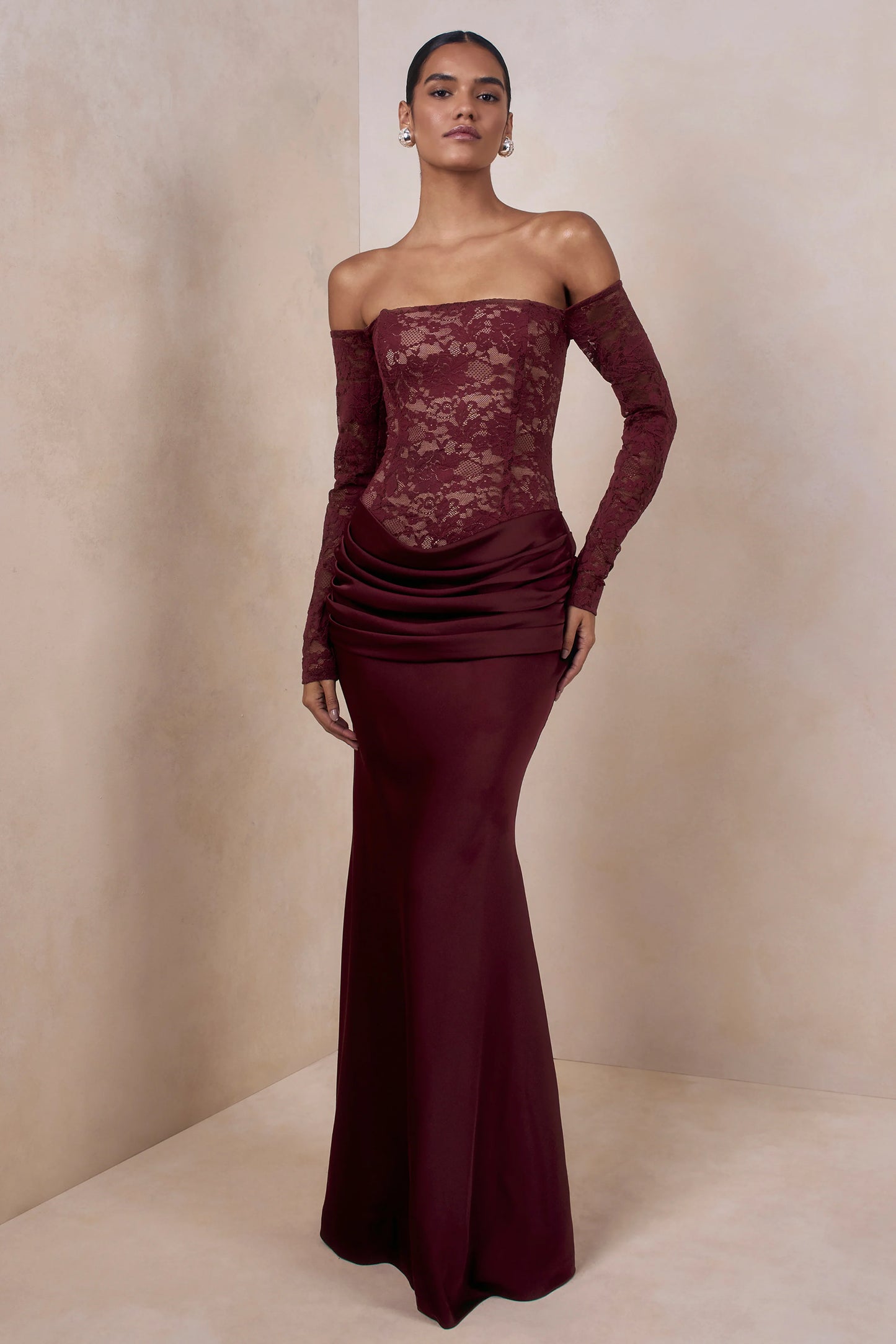 Rinna Burgundy Lace Bardot-Neck Maxi Dress