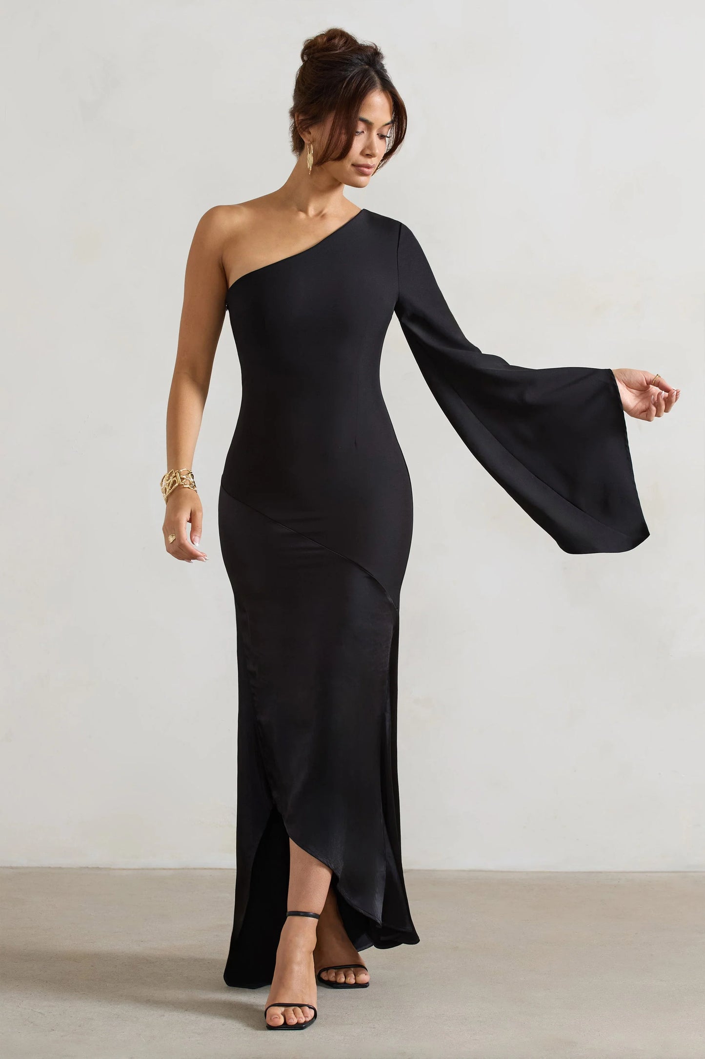 Salem Black Asymmetric Cape-Sleeve Maxi Dress With Satin Skirt