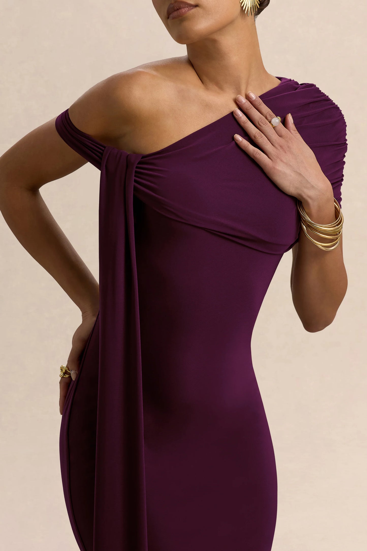 Praia Plum Asymmetric-Neck Midi Dress With Sash and Draped Detailing