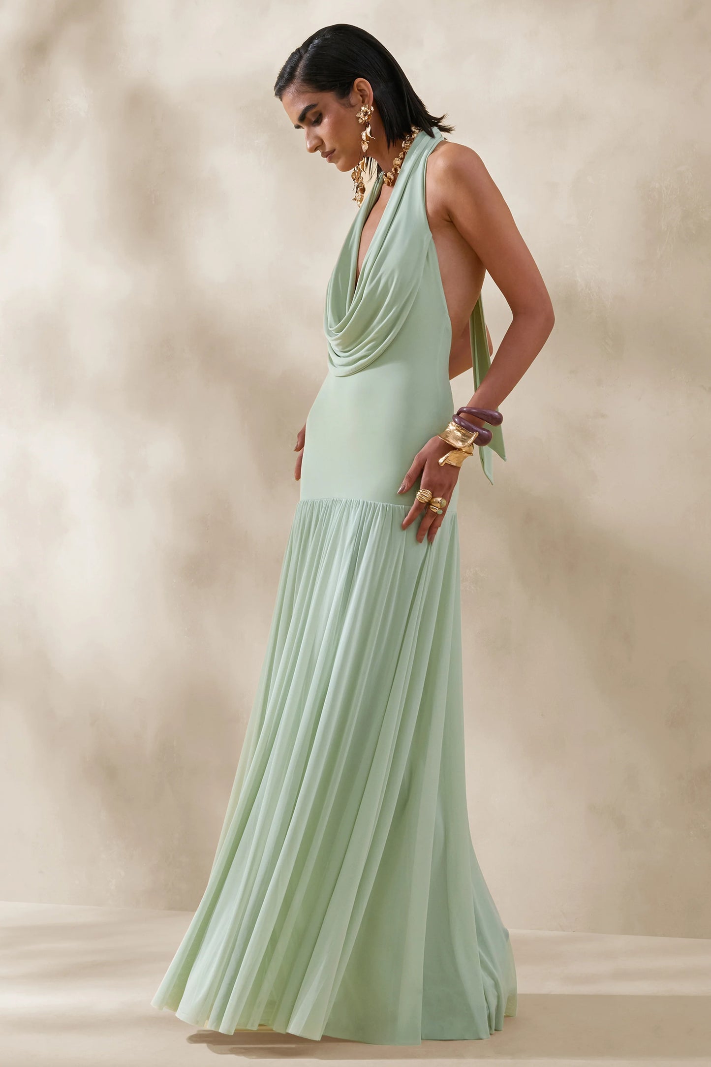 Verity Green Cowl-Neck Maxi Dress With Sheer-Skirt