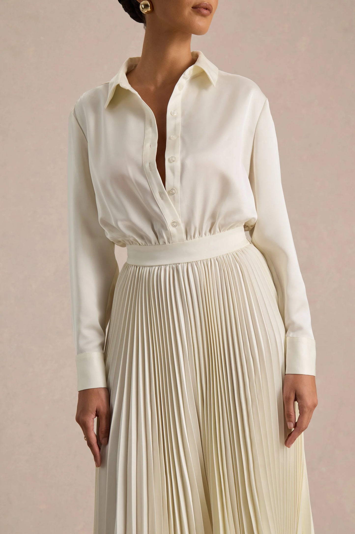 Naxos Cream Satin Shirt Maxi Dress With Pleated Skirt