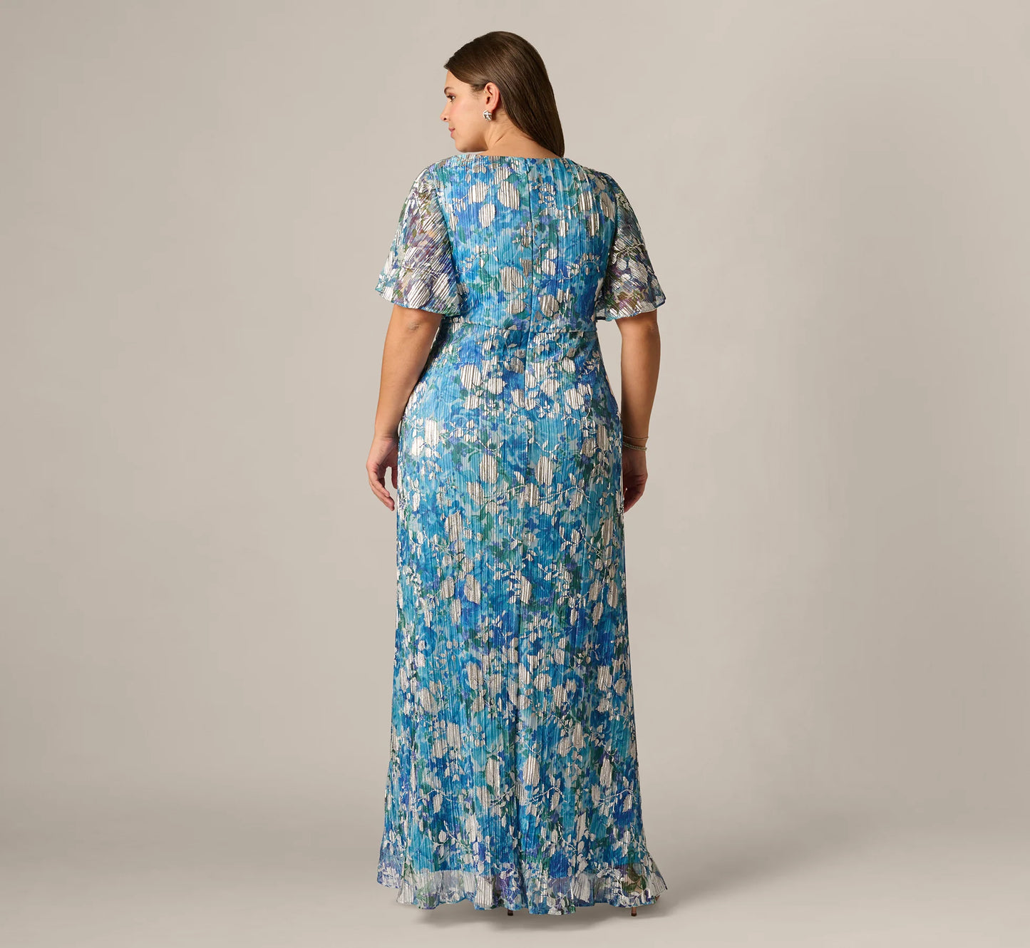 Plus Size Flutter Sleeve Crinkle Foil Floral Gown In Blue Multi