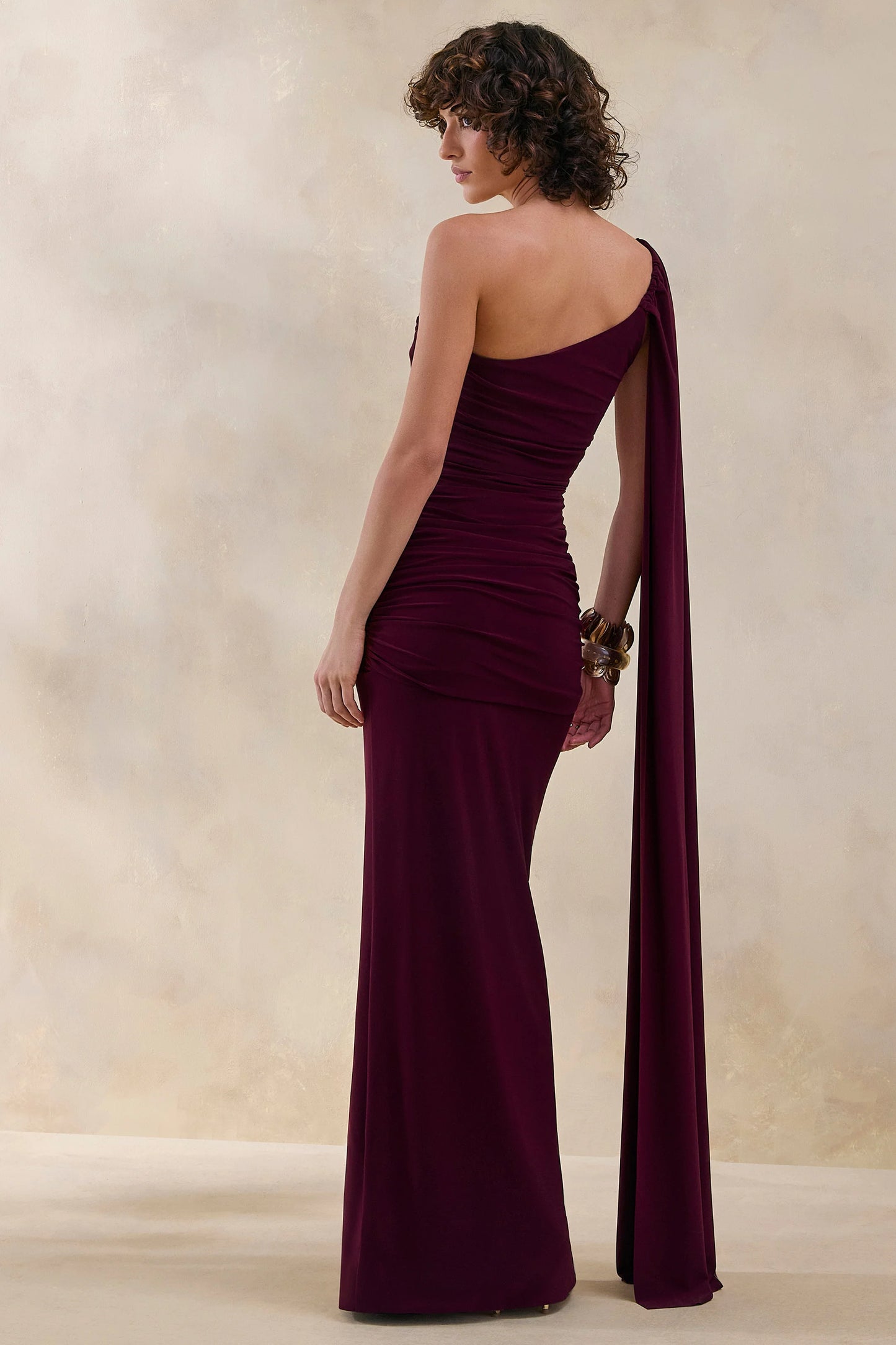 Bettine Burgundy Asymmetric-Neck Maxi Dress With Cape-Sleeve