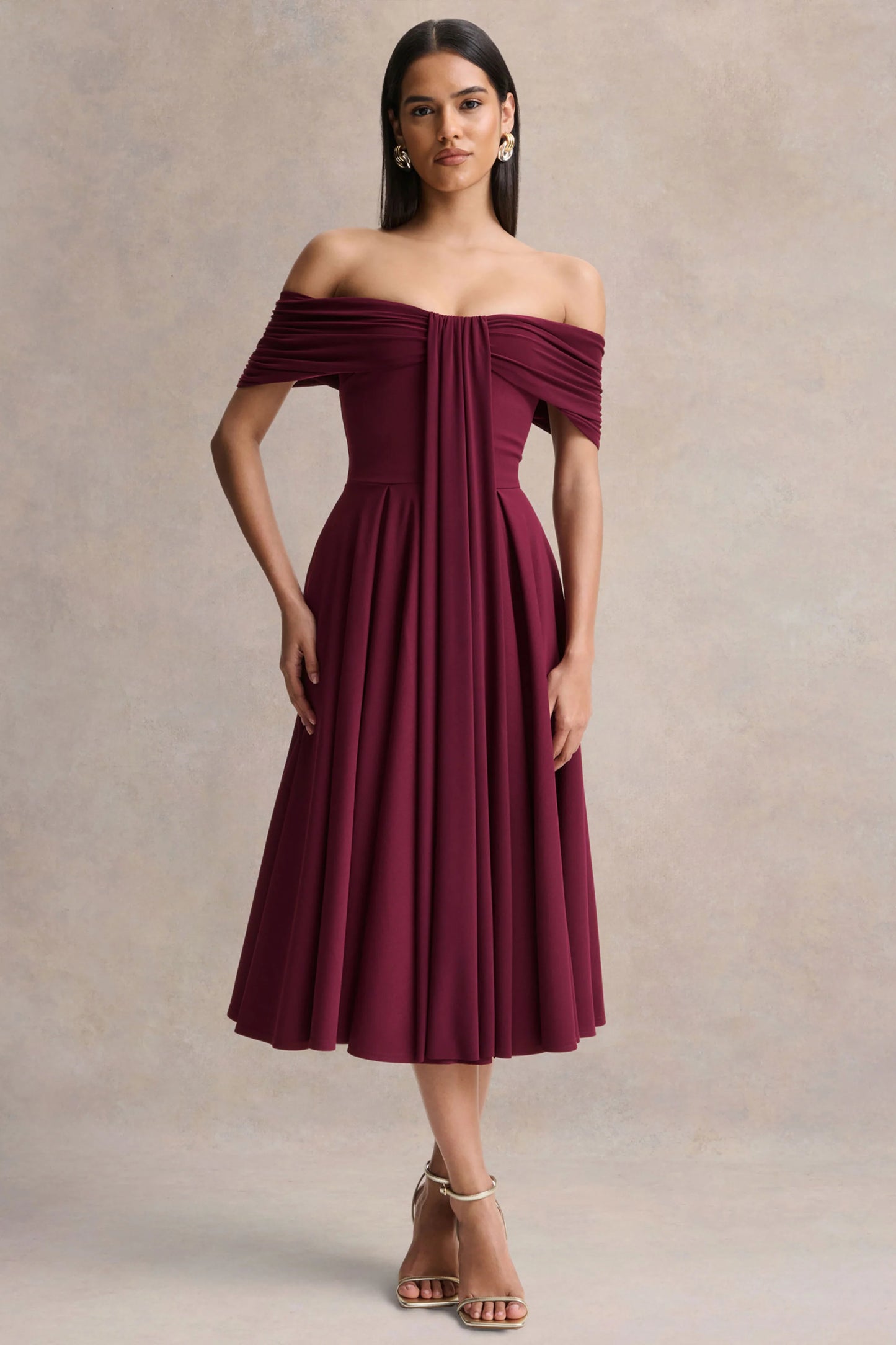 Dearest Burgundy Bardot-Neck Midi Dress