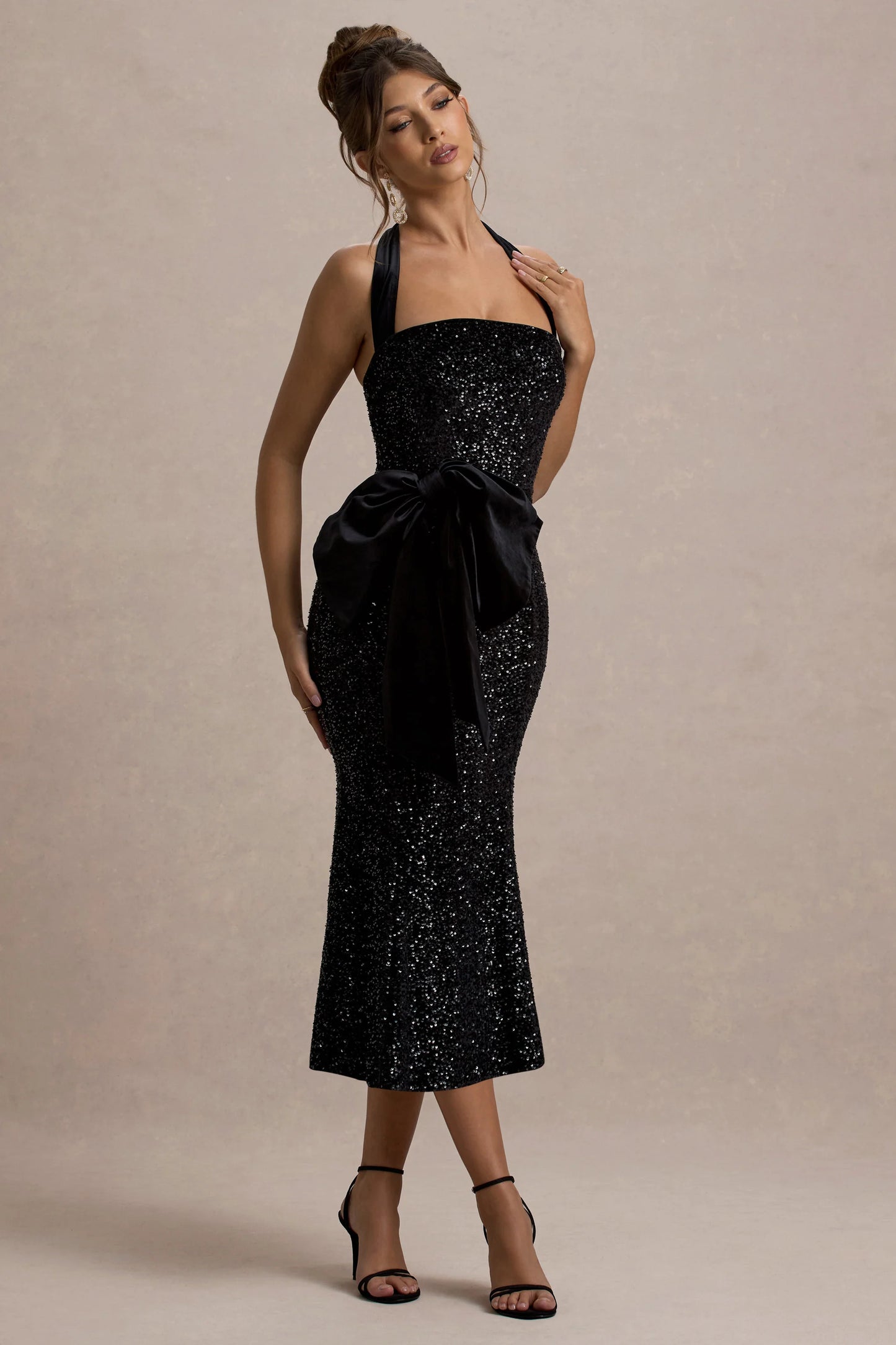 Adee Black Sequin Velvet Halter-Neck Midi Dress With Bow