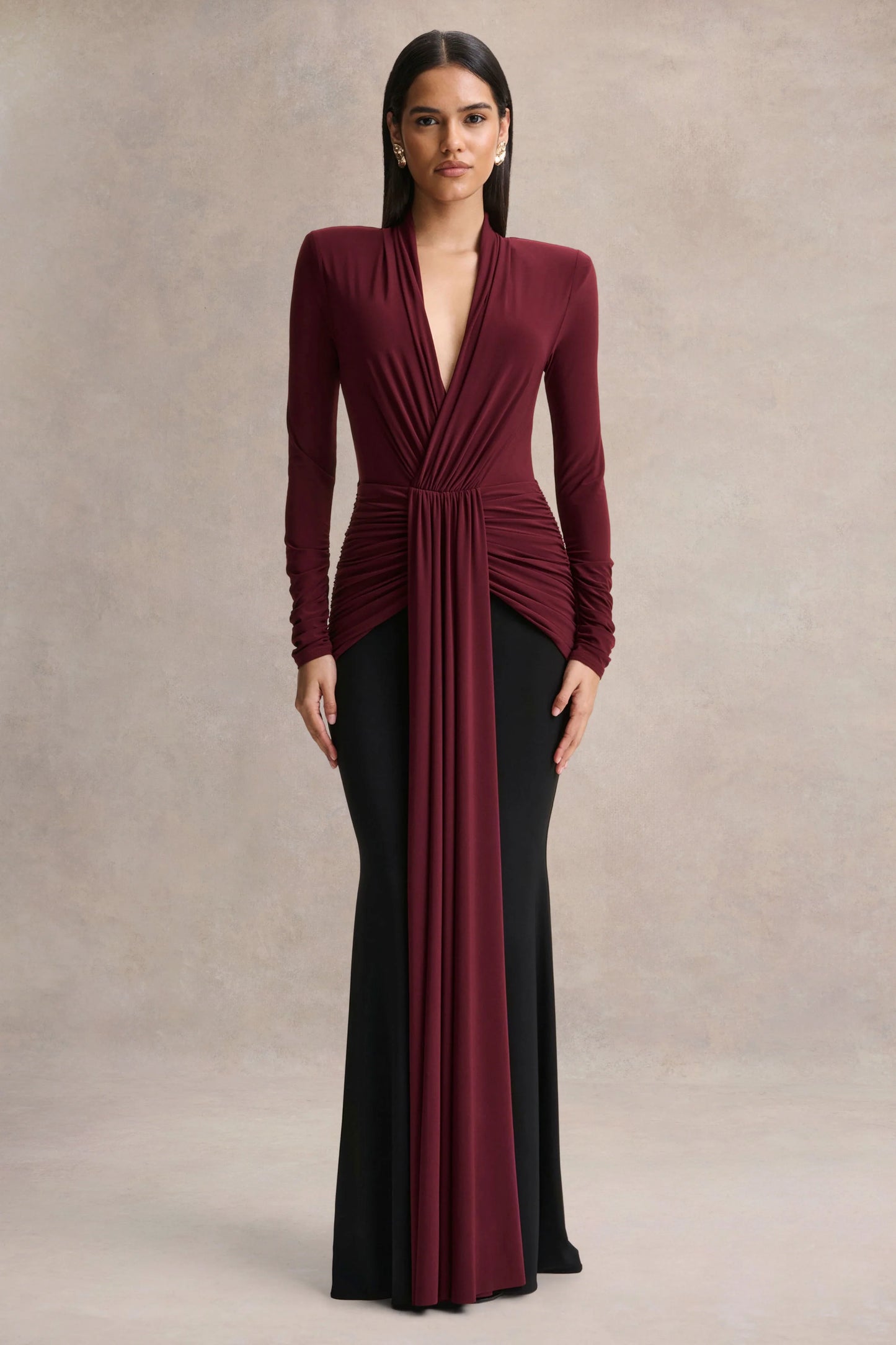 Halston Burgundy And Black Plunge-Neck Maxi Dress With Gathered-Detailing
