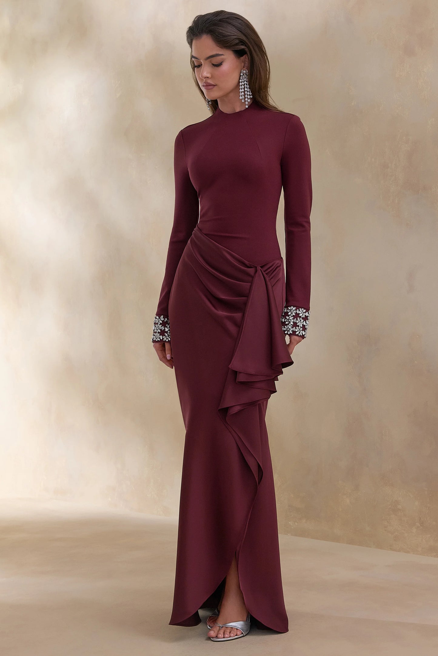 Starred Burgundy Crew-Neck Maxi Dress With Drop-Waist And Satin Wrap-Skirt