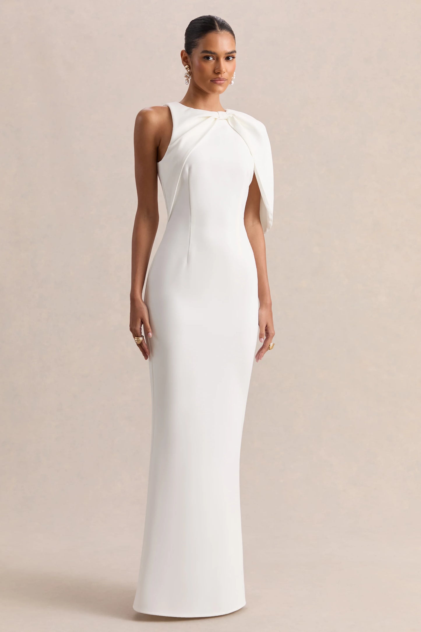 Quira White Asymmetric-Neck Maxi Dress With Cape-Sleeve