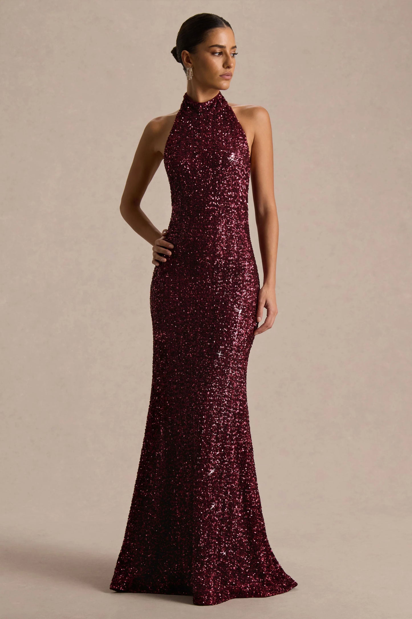 Tulia Burgundy Sequin High-Neck Maxi Dress