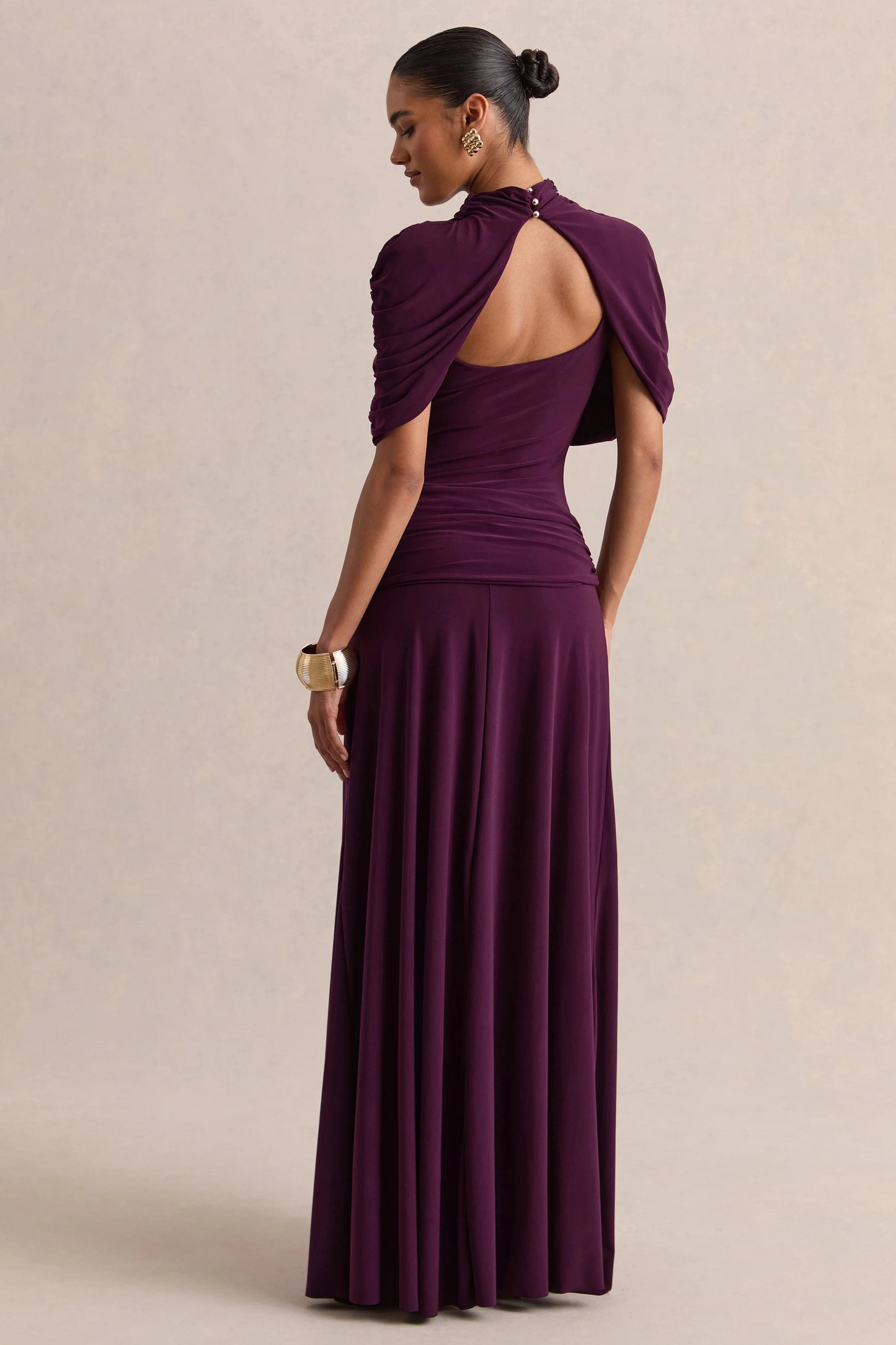 Evelisse Plum High-Neck Maxi Dress With Short-Cape Sleeves
