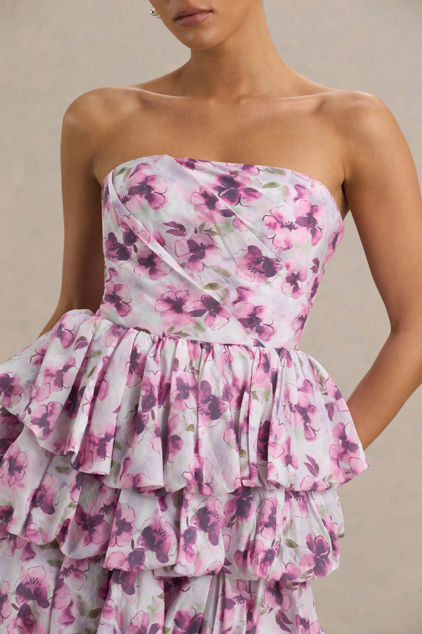 Swirl Cream Floral Print Bandeau Puffball Mini Dress With Ruffle Detail