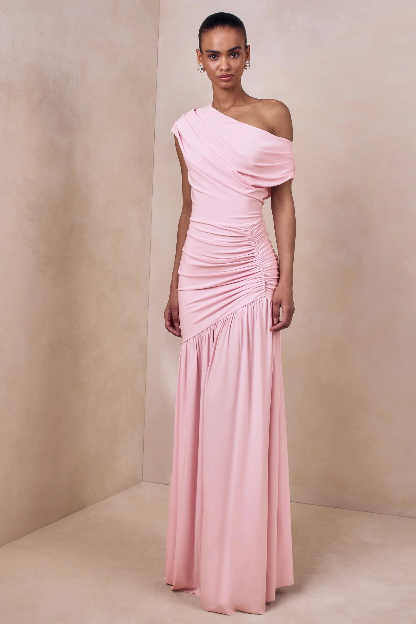 Kady Pink Asymmetric-Neck Maxi Dress With Ruched Detailing