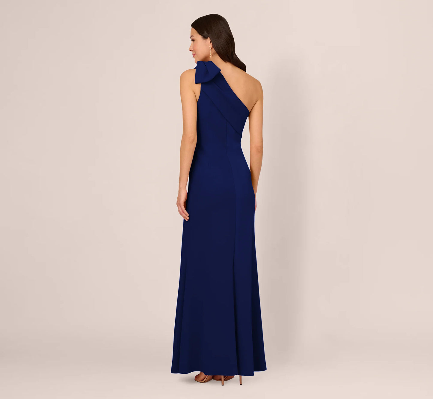 Stretch Crepe One Shoulder Mermaid Gown With Bow Accent In Navy Sateen