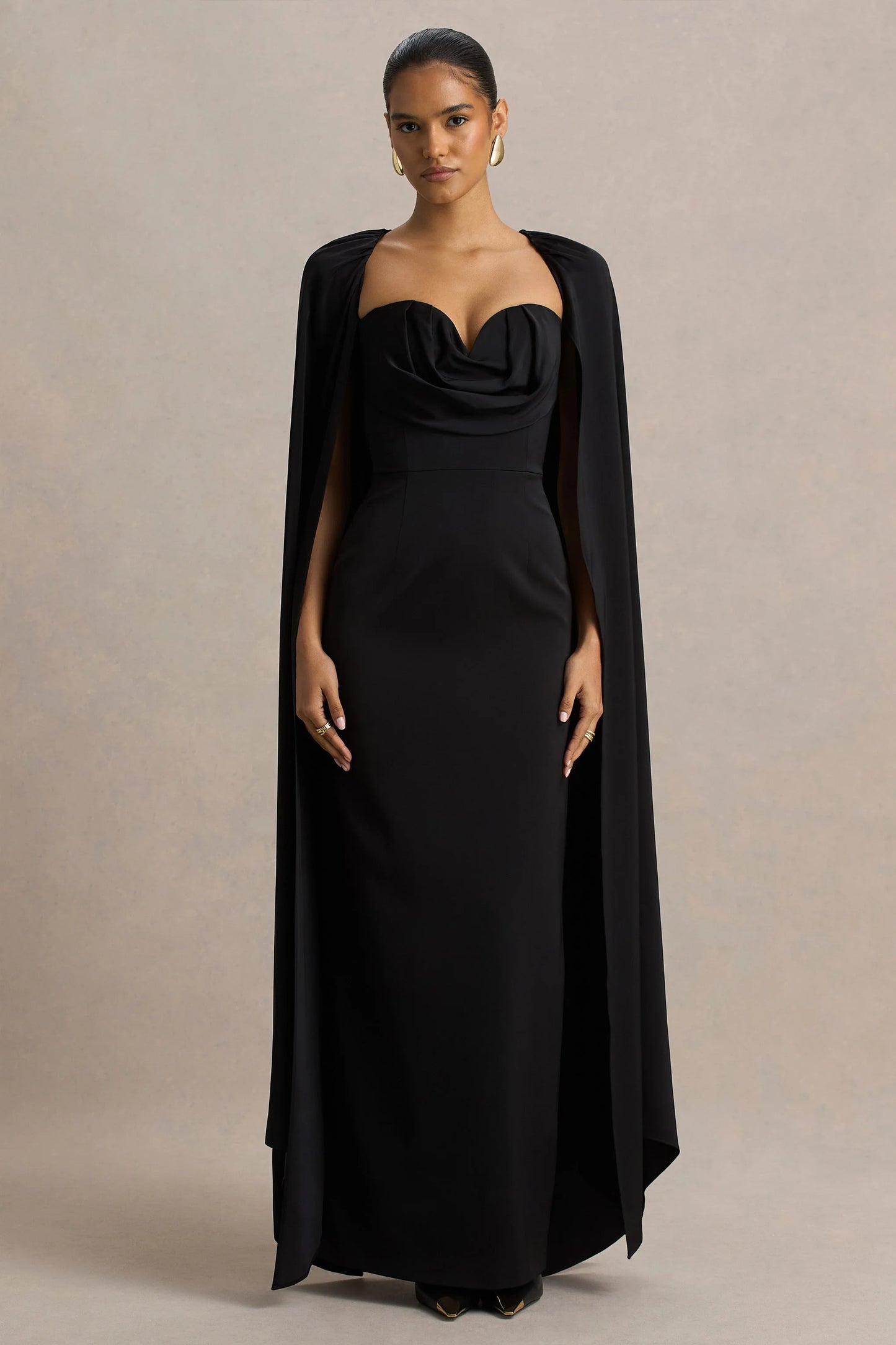 Wren Black Satin Sweetheart-Neck Maxi Dress With Cape Sleeves