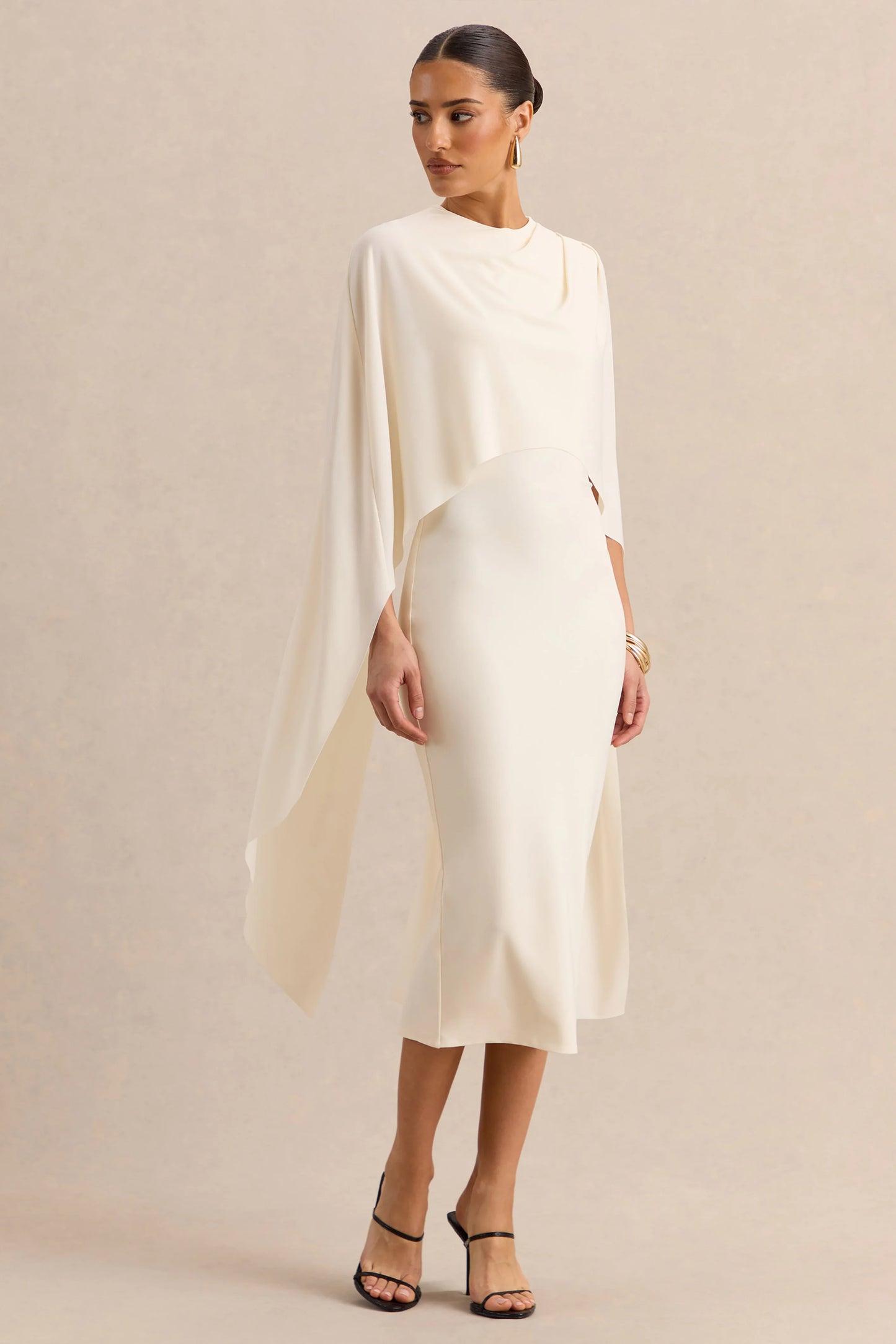 Luxalyn Cream Round-Neck Midi Dress With Cape-Detail