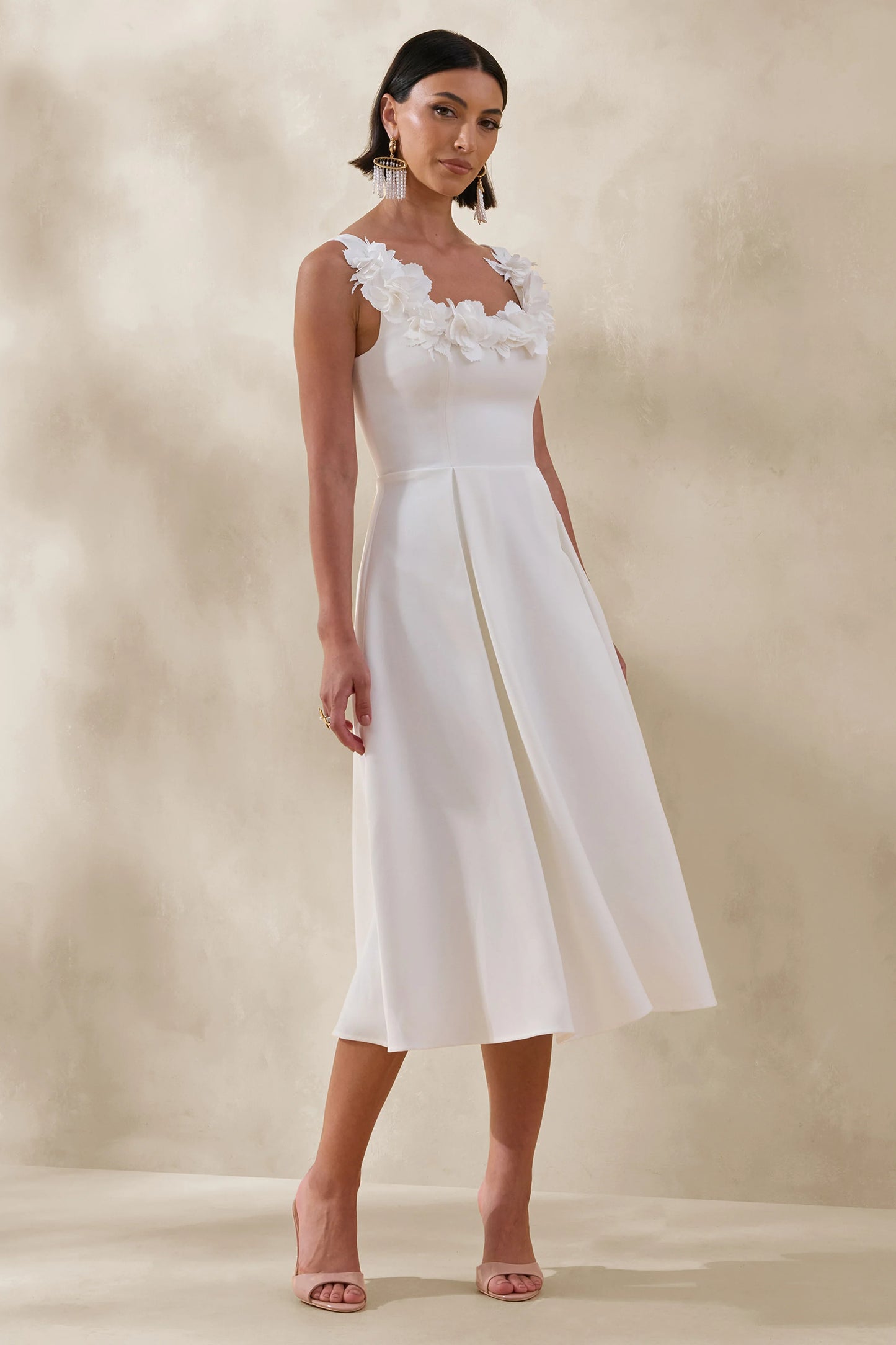 Maelle White Scoop-Neck Midi Dress With Corsage Detailing