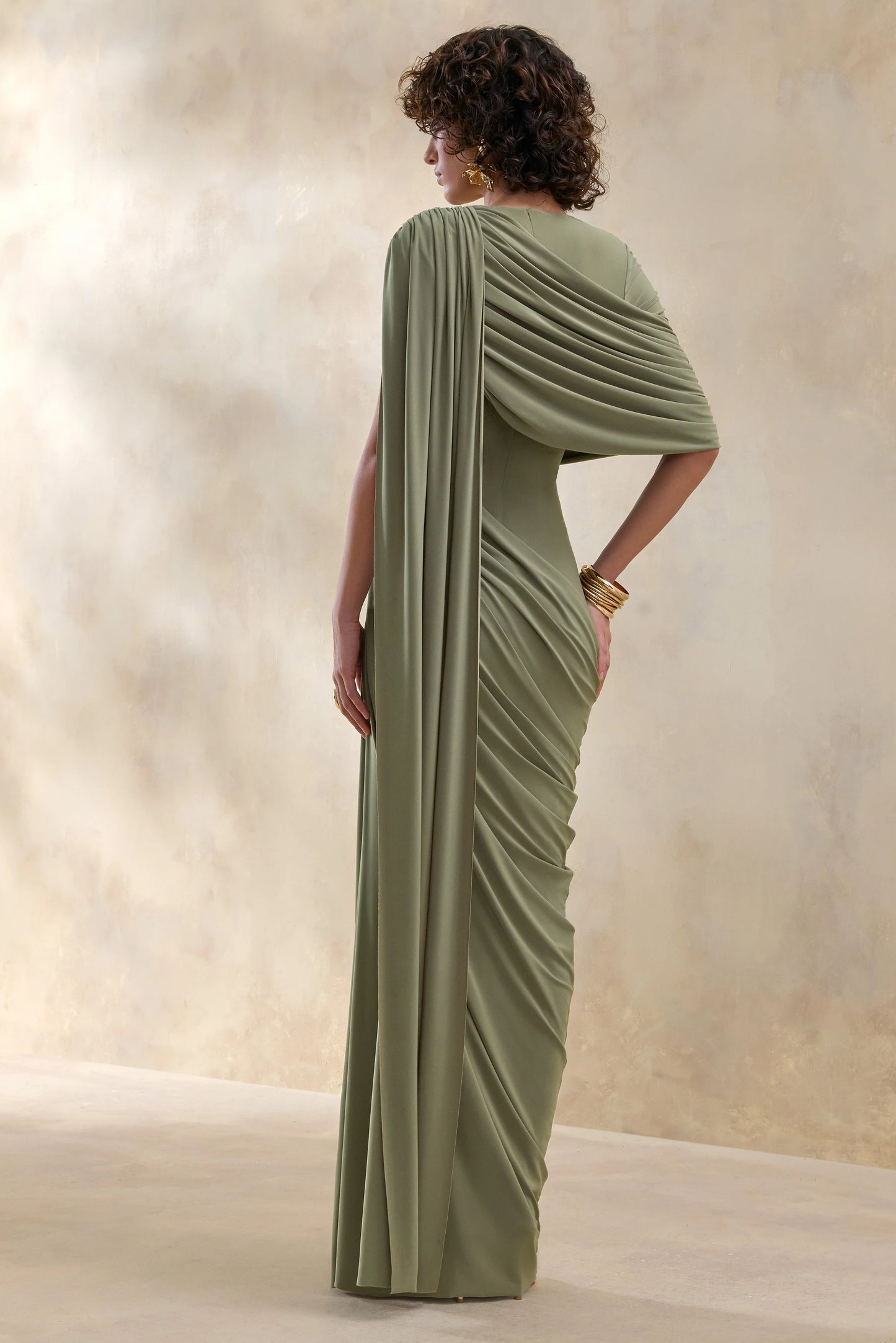 Gisara Olive High-Neck Maxi Dress With Sash And Draped-Detailing