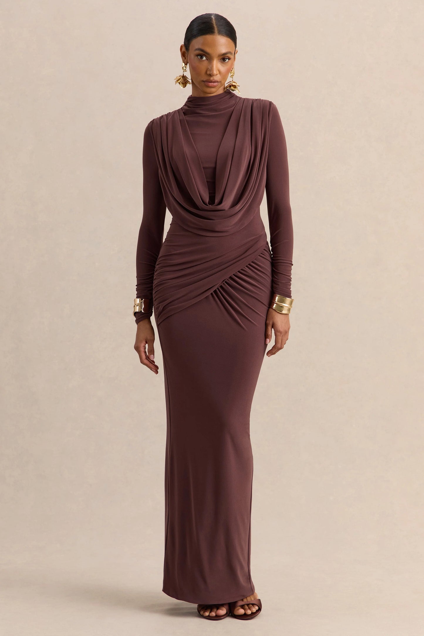Karinthia Brown High-Neck Maxi Dress With Draped-Detailing