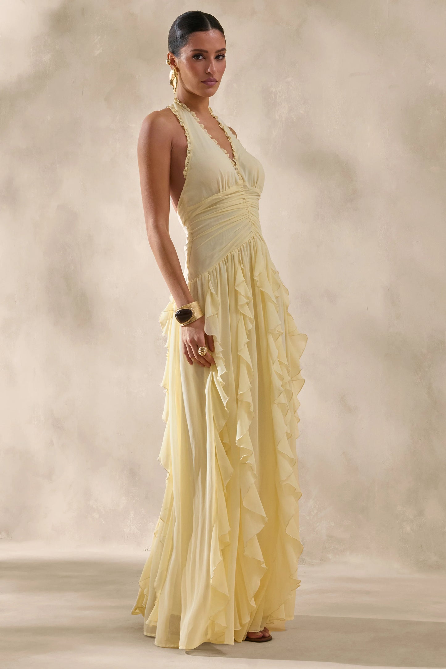 Bea Lemon Plunge-Neck Ruffled Maxi Dress