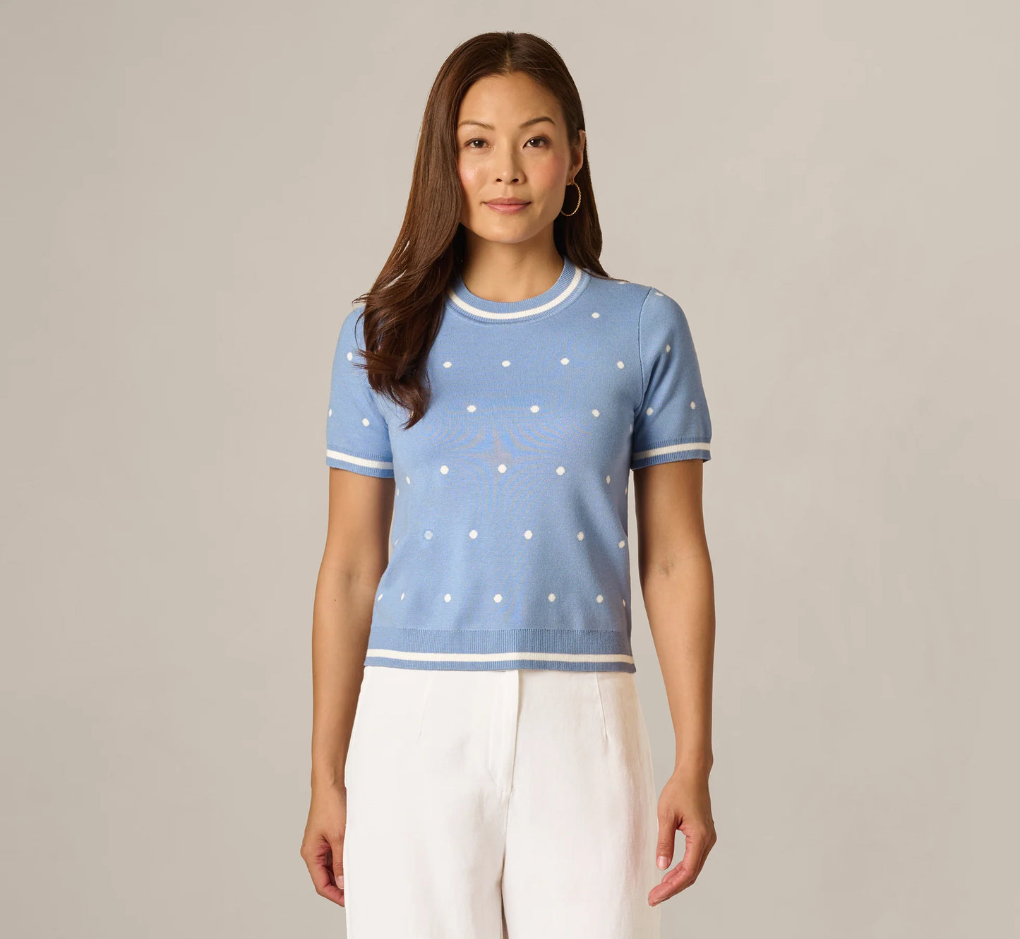 Short Sleeve Chain Patterned Knit Top In Classic Blue Medium Simple Dot