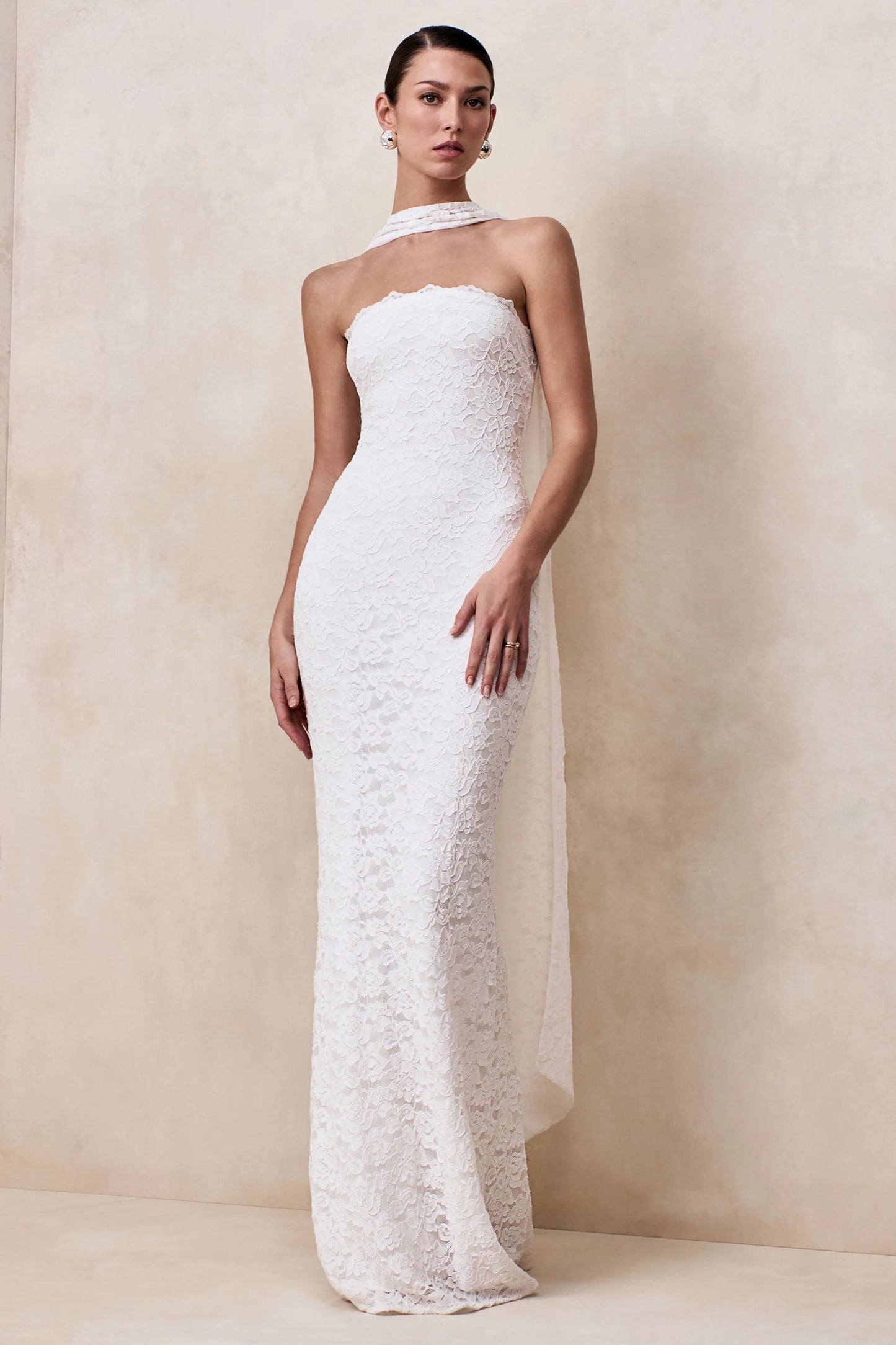 Massima White Lace Bandeau Maxi Dress With Scarf-Detail