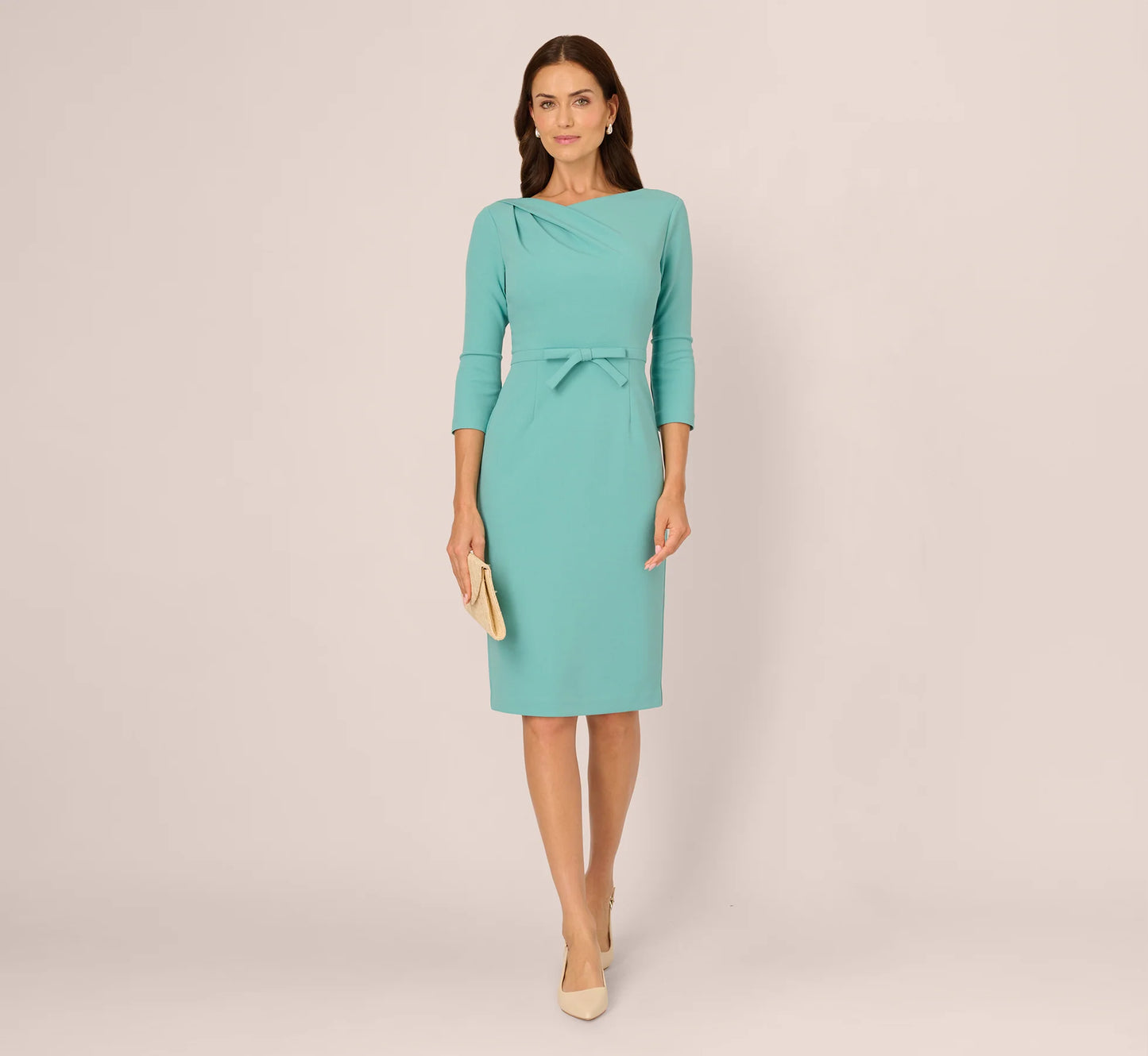 Three Quarter Sleeve Drape Collar Sheath Dress In Smoky Jade