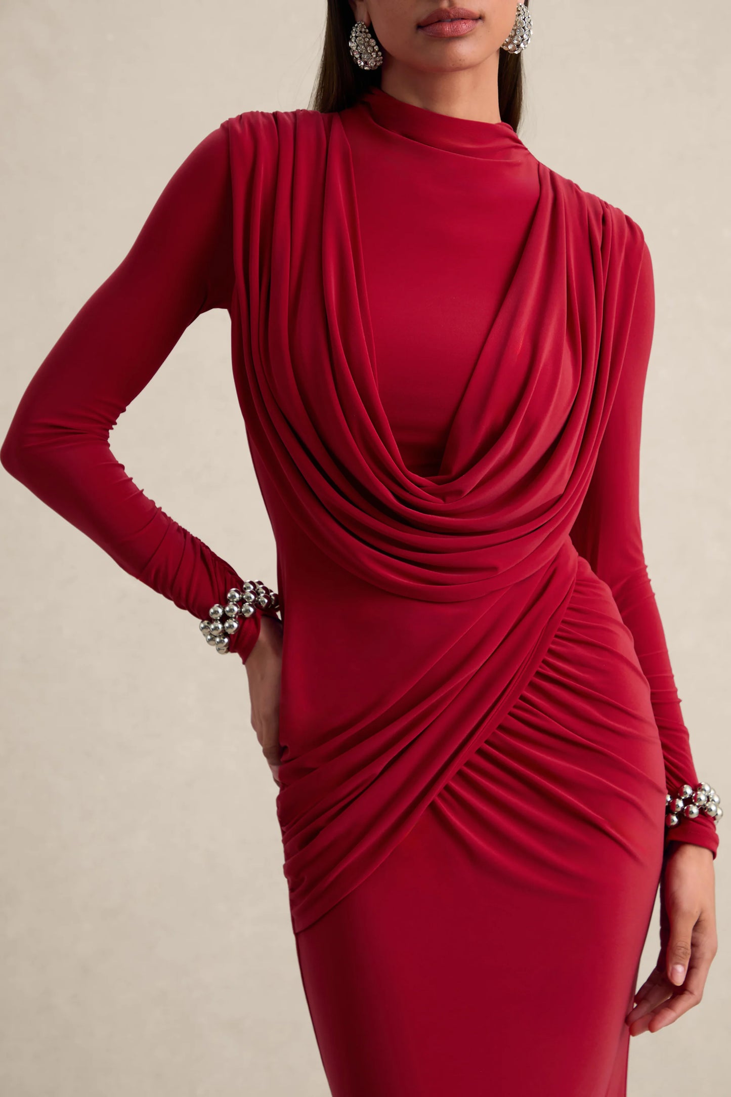 Karinthia Red High-Neck Maxi Dress With Draped-Detailing