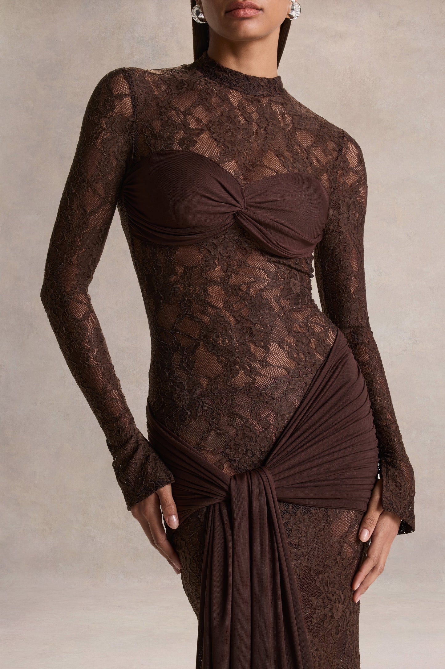 Akira Brown Lace Maxi Dress With Sash-Detail