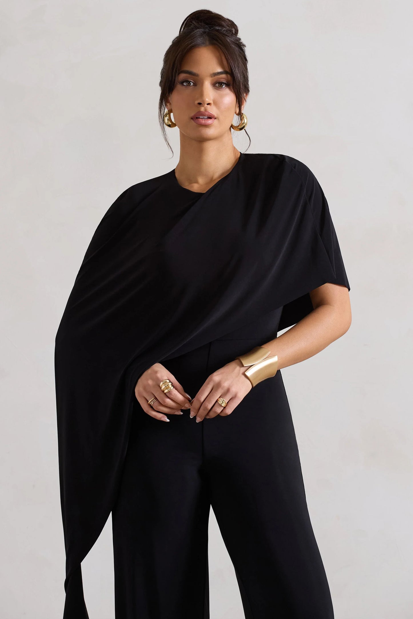 Reserve Black Wide-Leg Jumpsuit With Asymmetric Cape
