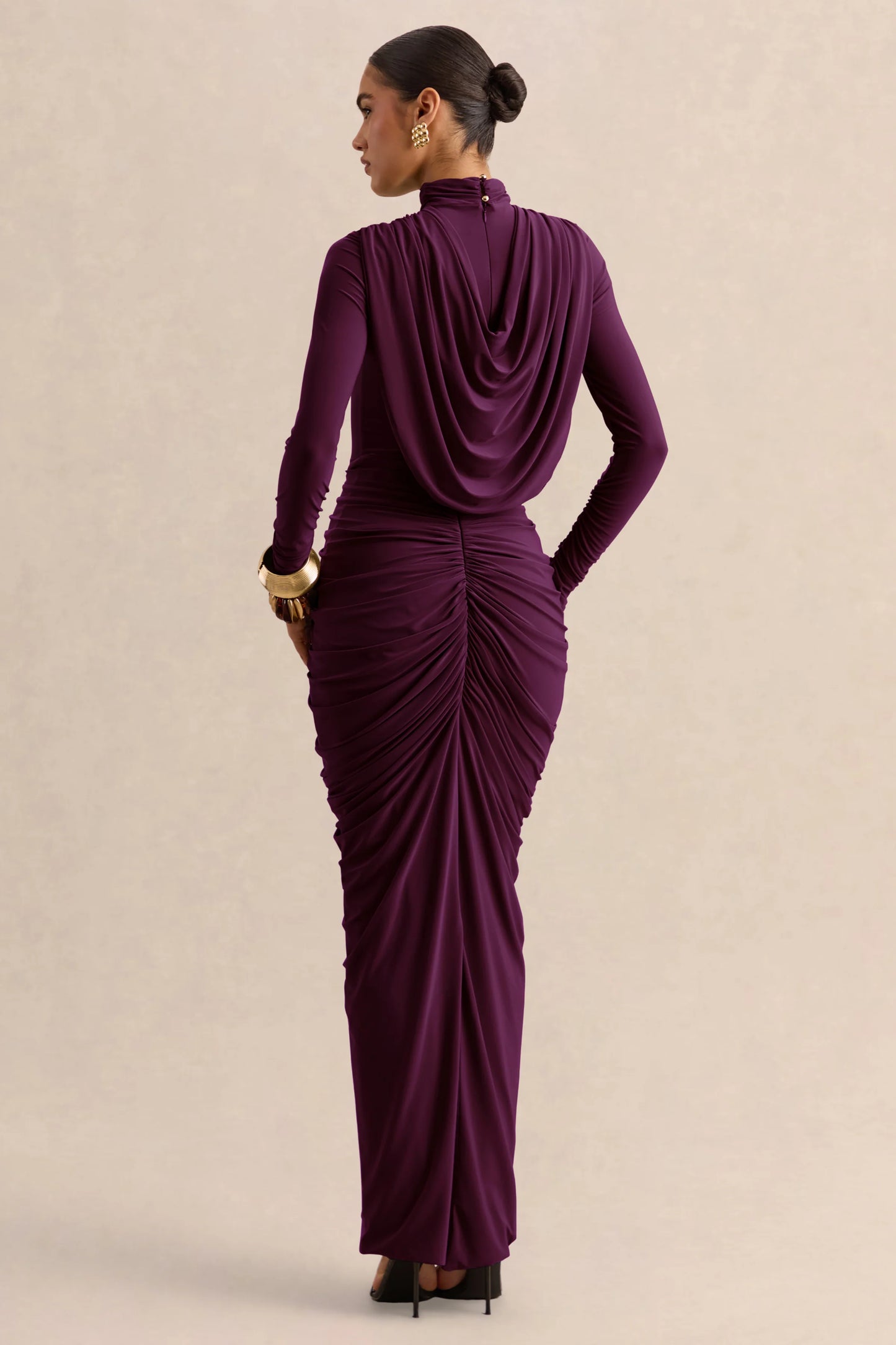 Harmona Dark Plum High-Neck Maxi Dress With Gathered And Draped-Detailing