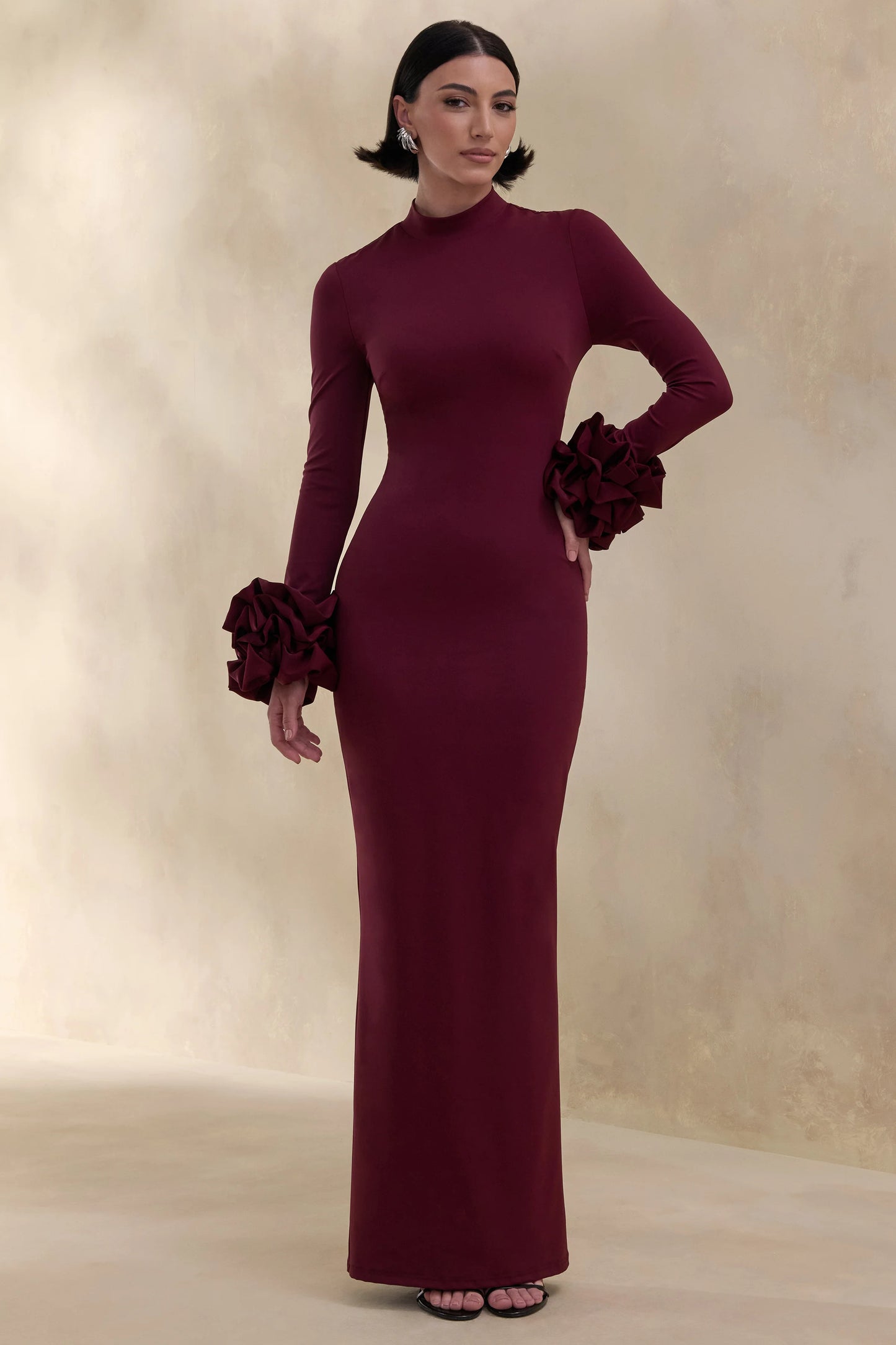 Jaselle Dark Plum High-Neck Maxi Dress With Ruffled Satin-Cuffs
